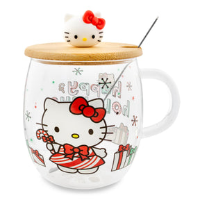 Sanrio Hello Kitty Holiday 17-Ounce Glass Coffee Mug With Lid and Spoon