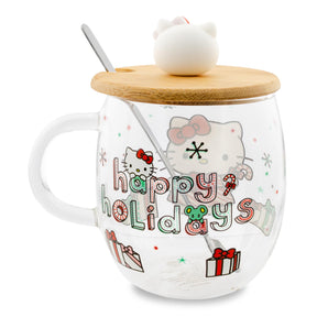 Sanrio Hello Kitty Holiday 17-Ounce Glass Coffee Mug With Lid and Spoon