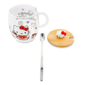 Sanrio Hello Kitty Holiday 17-Ounce Glass Coffee Mug With Lid and Spoon