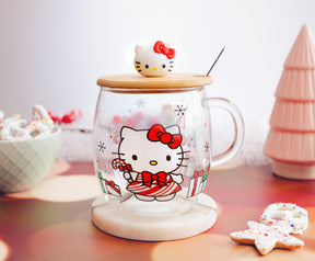 Sanrio Hello Kitty Holiday 17-Ounce Glass Coffee Mug With Lid and Spoon