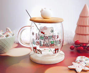 Sanrio Hello Kitty Holiday 17-Ounce Glass Coffee Mug With Lid and Spoon