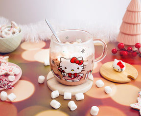 Sanrio Hello Kitty Holiday 17-Ounce Glass Coffee Mug With Lid and Spoon