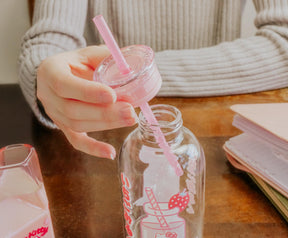 Sanrio Hello Kitty Strawberry Glass Milk Bottle With Straw | Holds 15 Ounces