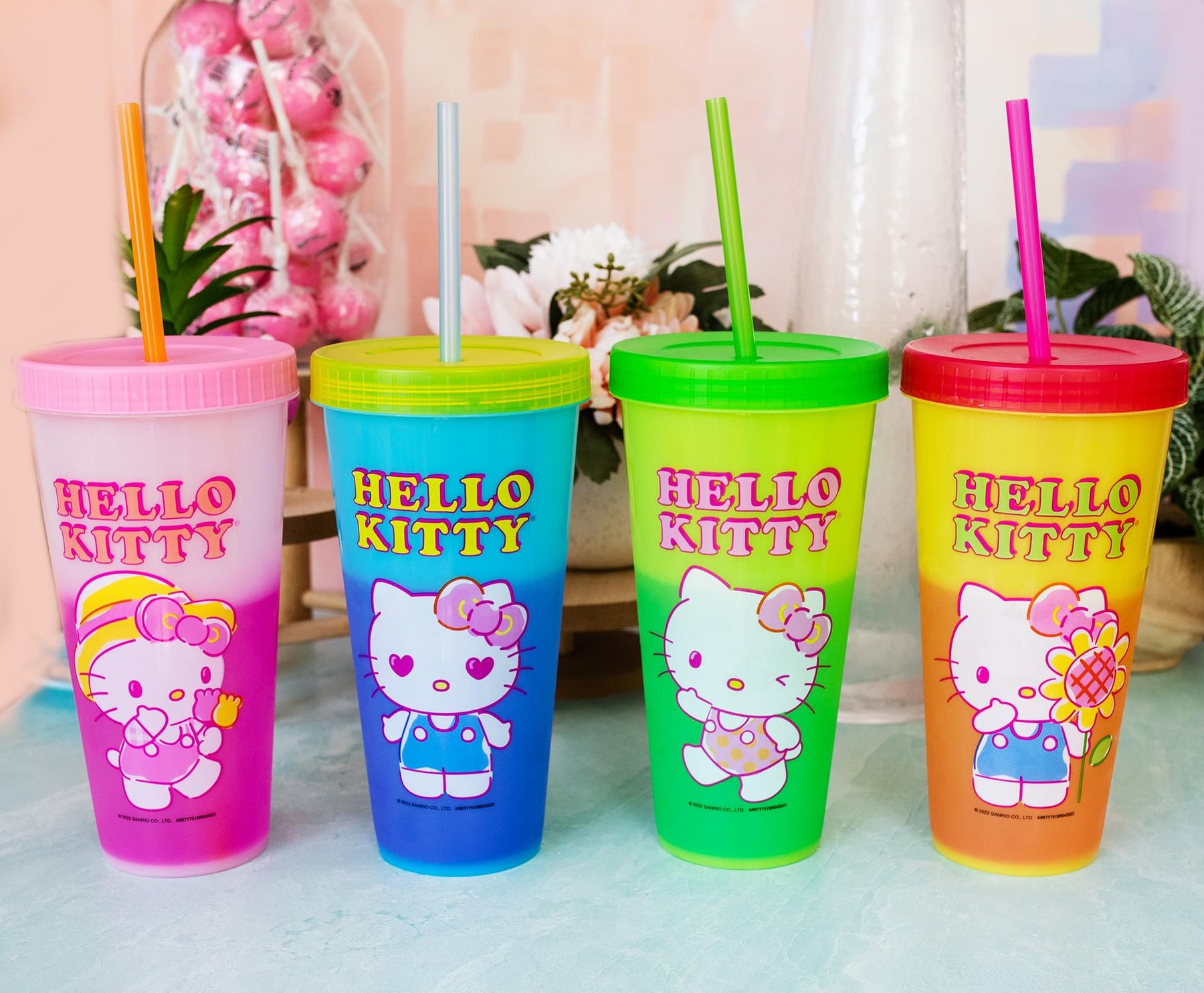 Sanrio Hello Kitty Garden Doodle Color-Changing Plastic Tumbler Cups | Set of 4