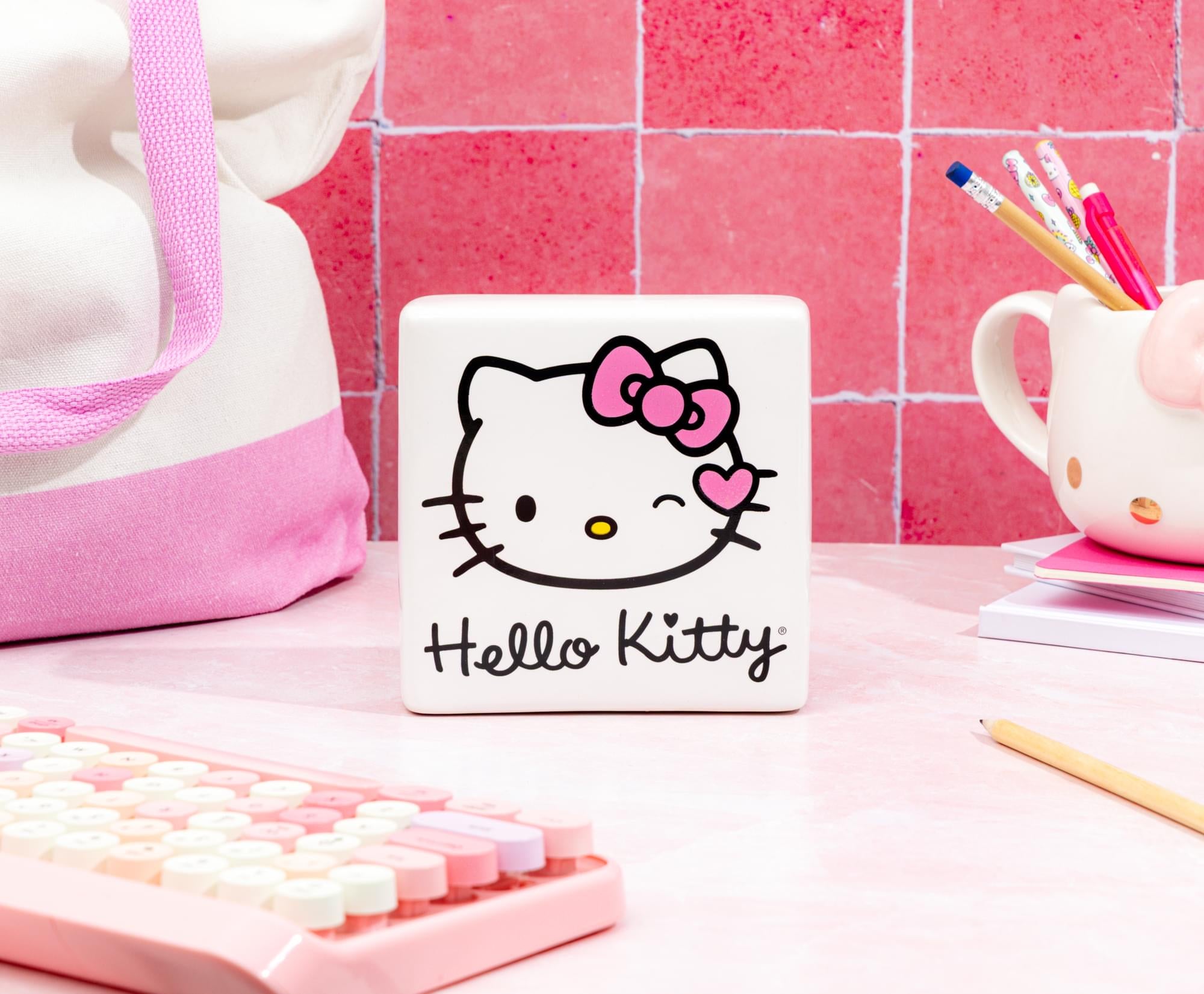 Sanrio Hello Kitty Wink Pink Glitter Ceramic Box Sign | 5 x 5 Inches
