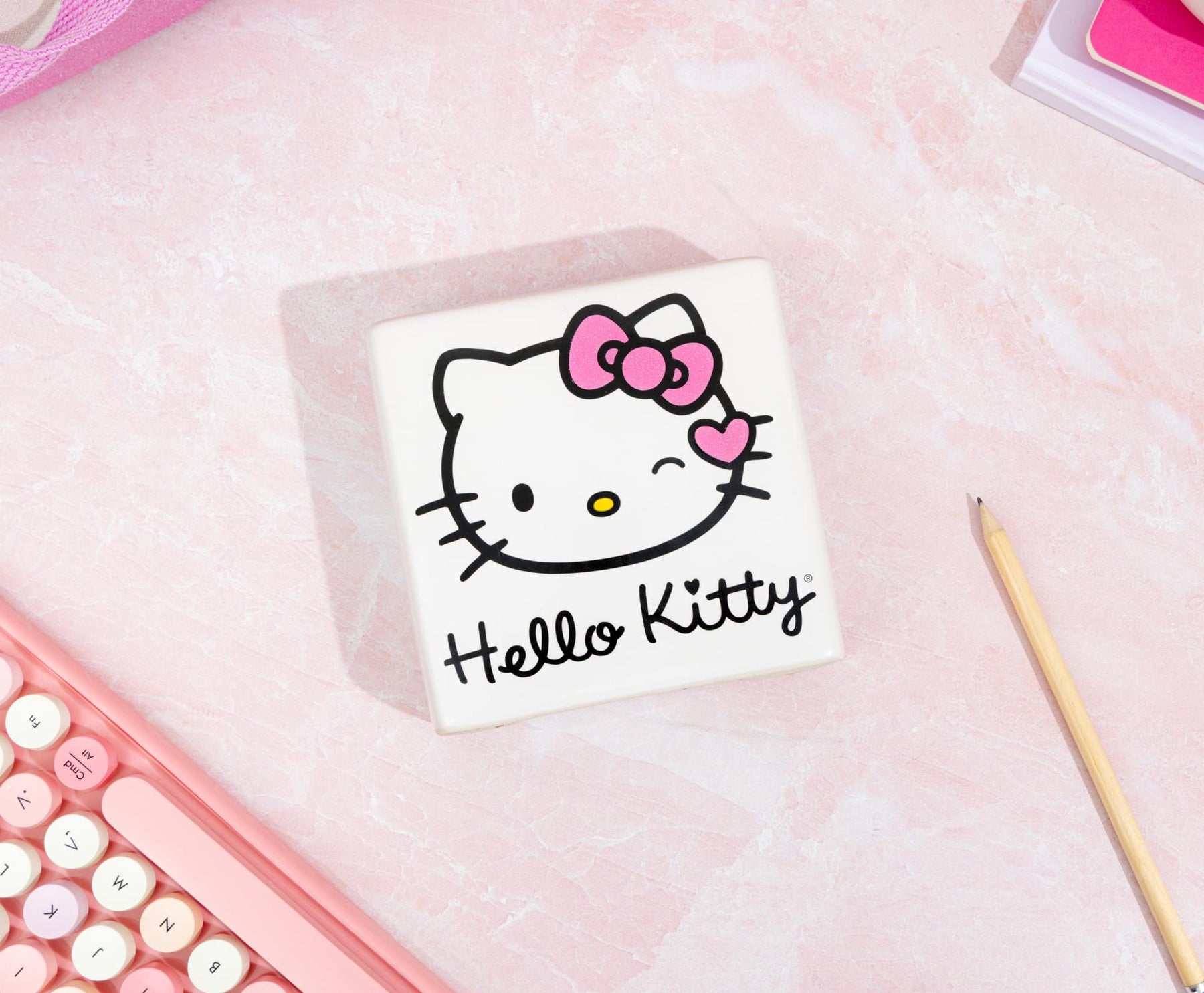 Sanrio Hello Kitty Wink Pink Glitter Ceramic Box Sign | 5 x 5 Inches