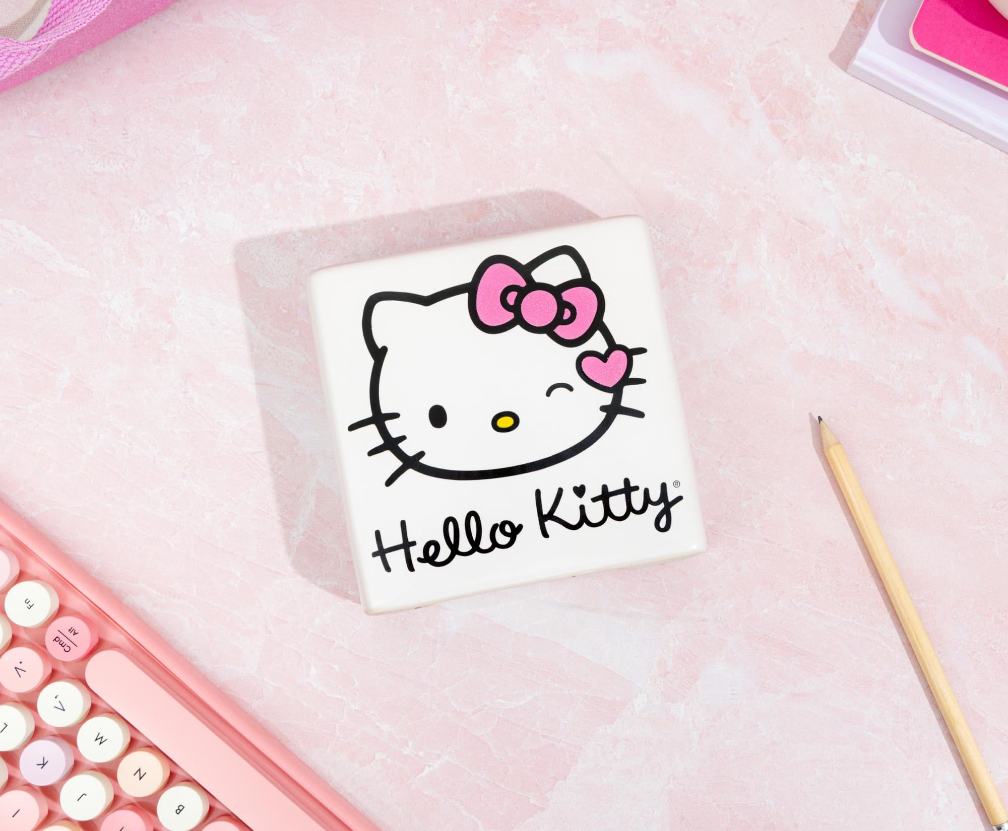 Sanrio Hello Kitty Wink Pink Glitter Ceramic Box Sign | 5 x 5 Inches