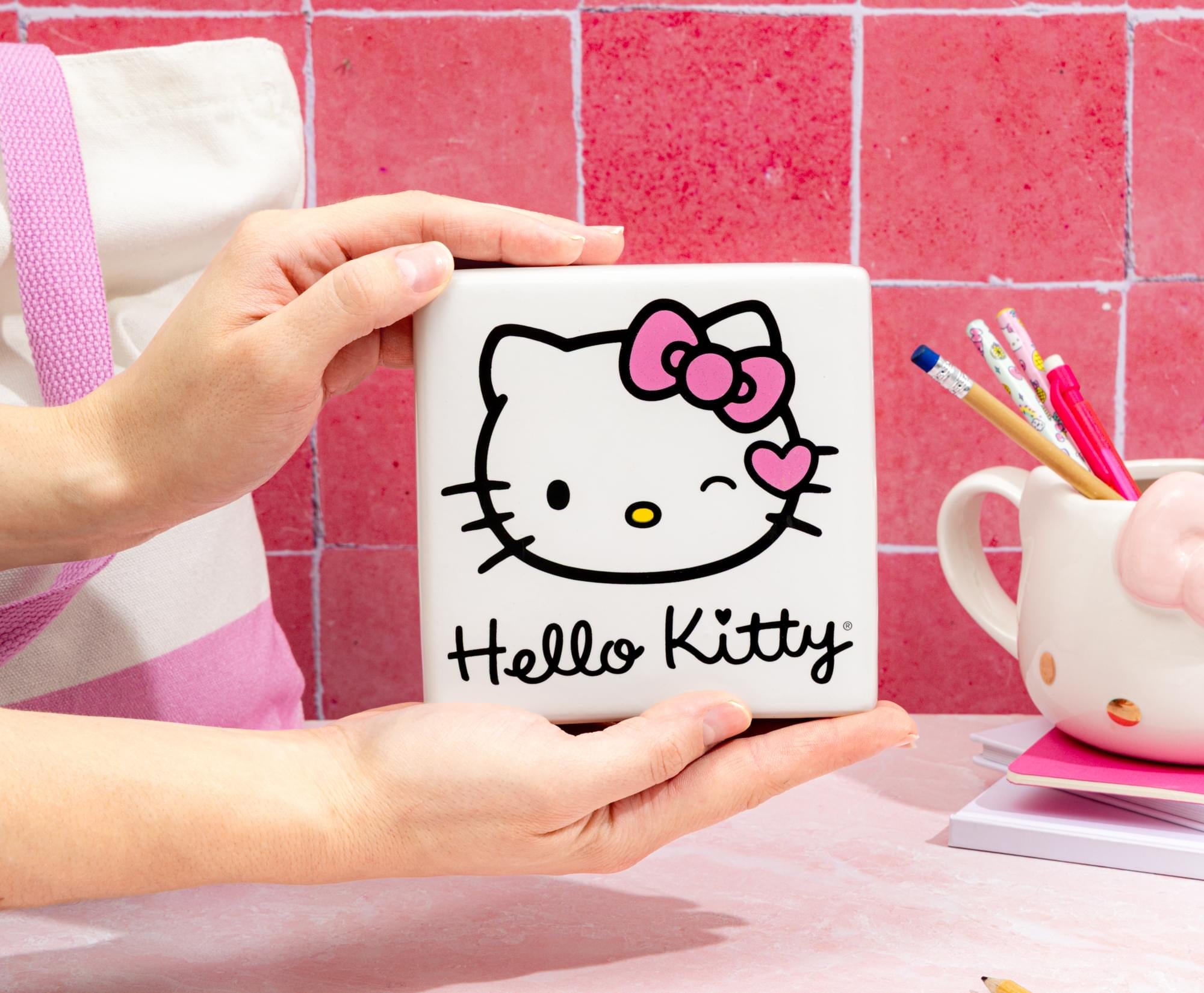 Sanrio Hello Kitty Wink Pink Glitter Ceramic Box Sign | 5 x 5 Inches