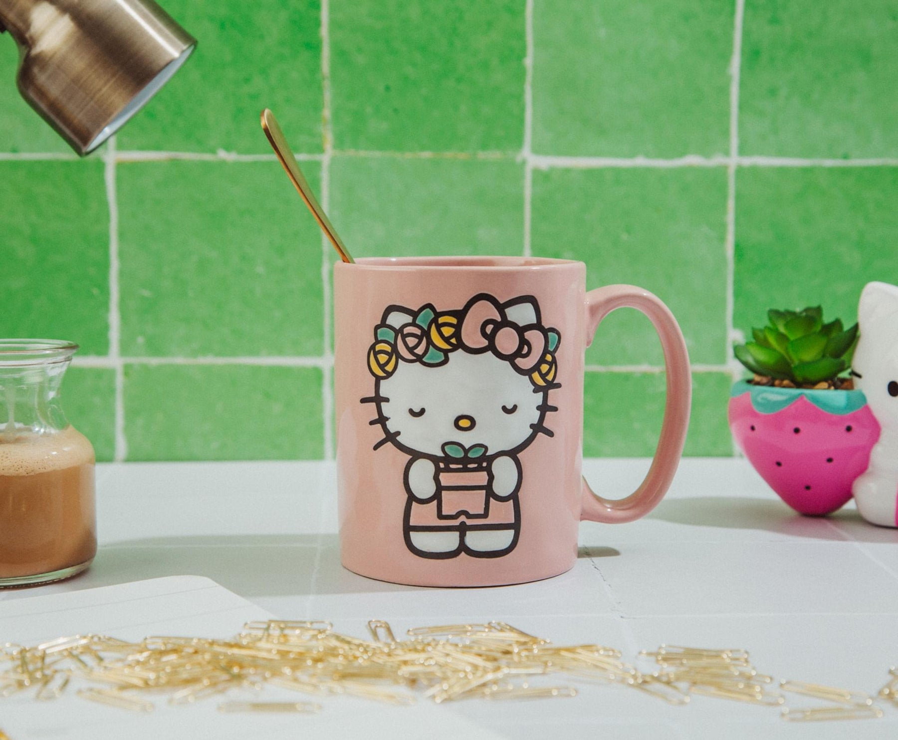 Sanrio Hello Kitty Flower Badge Wax Resist Ceramic Pottery Mug | Holds 18 Ounces