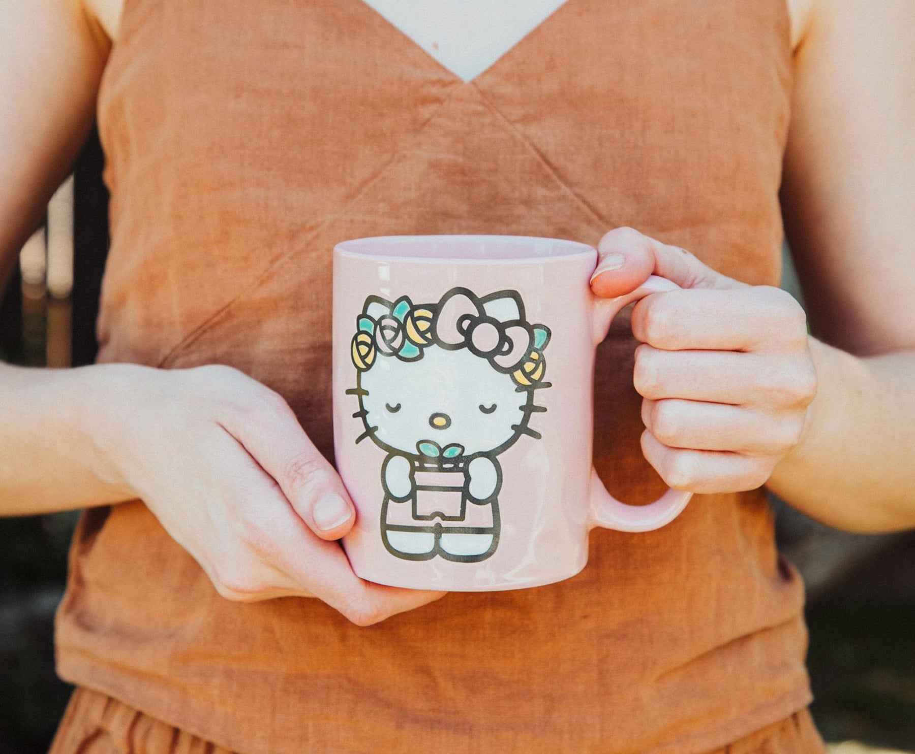 Sanrio Hello Kitty Flower Badge Wax Resist Ceramic Pottery Mug | Holds 18 Ounces