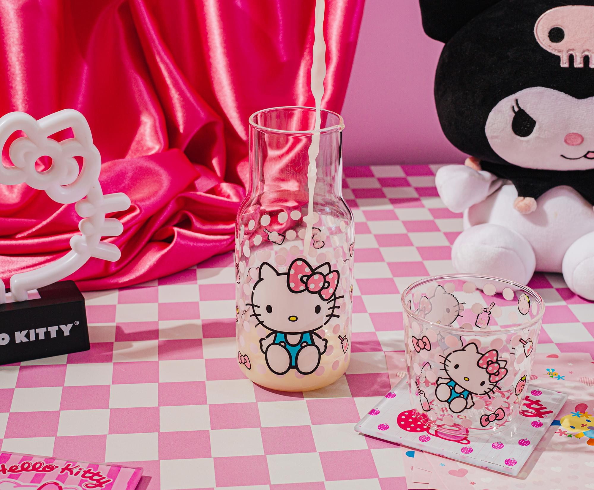Sanrio Hello Kitty Pink Dots 18-Ounce Glass Pitcher and 8-Ounce Cup