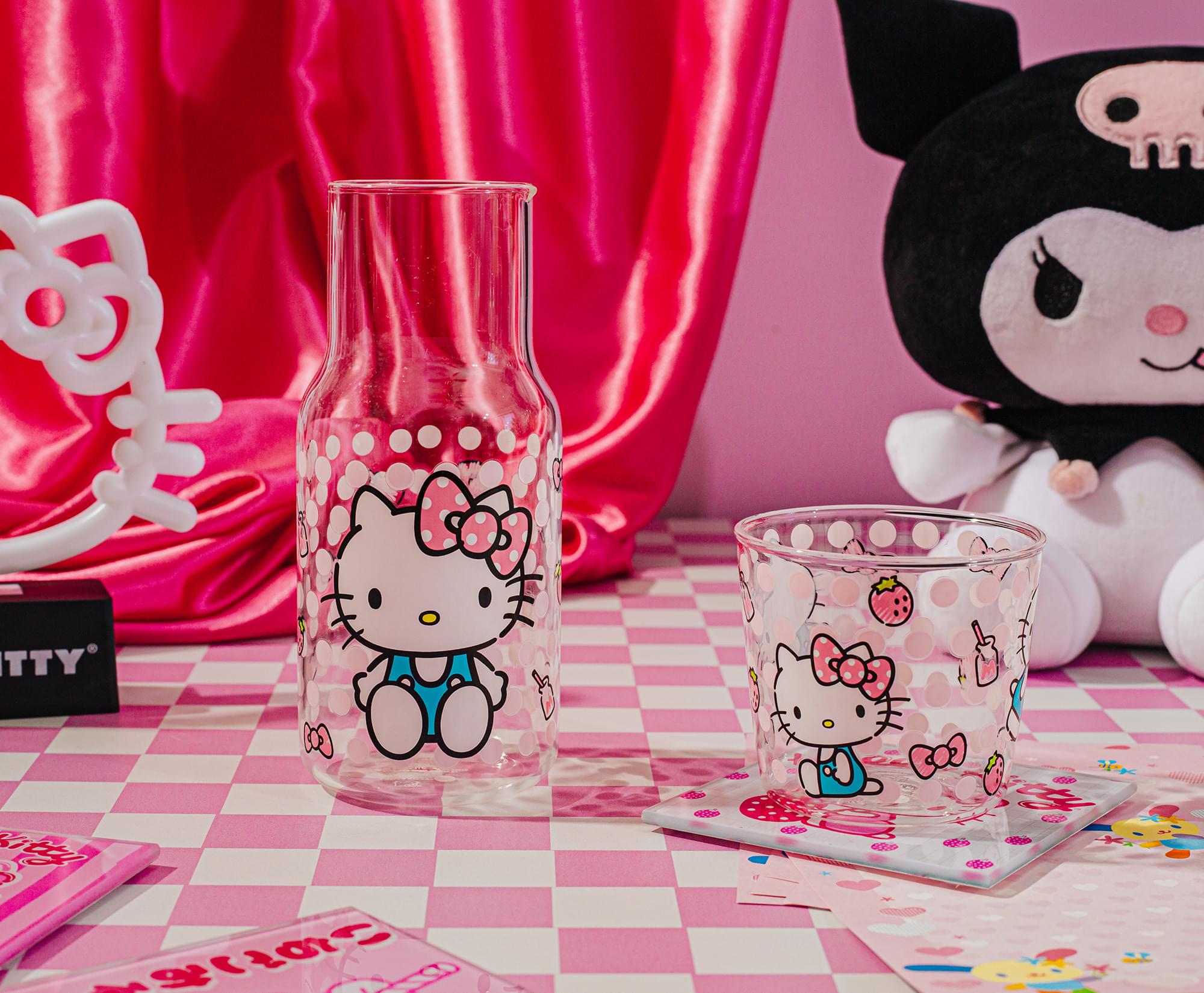 Sanrio Hello Kitty Pink Dots 18-Ounce Glass Pitcher and 8-Ounce Cup