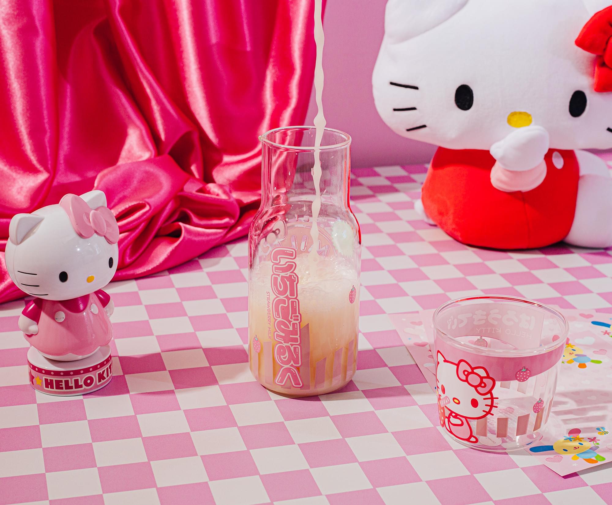 Sanrio Hello Kitty Strawberry Milk 18-Ounce Glass Pitcher and 8-Ounce Cup