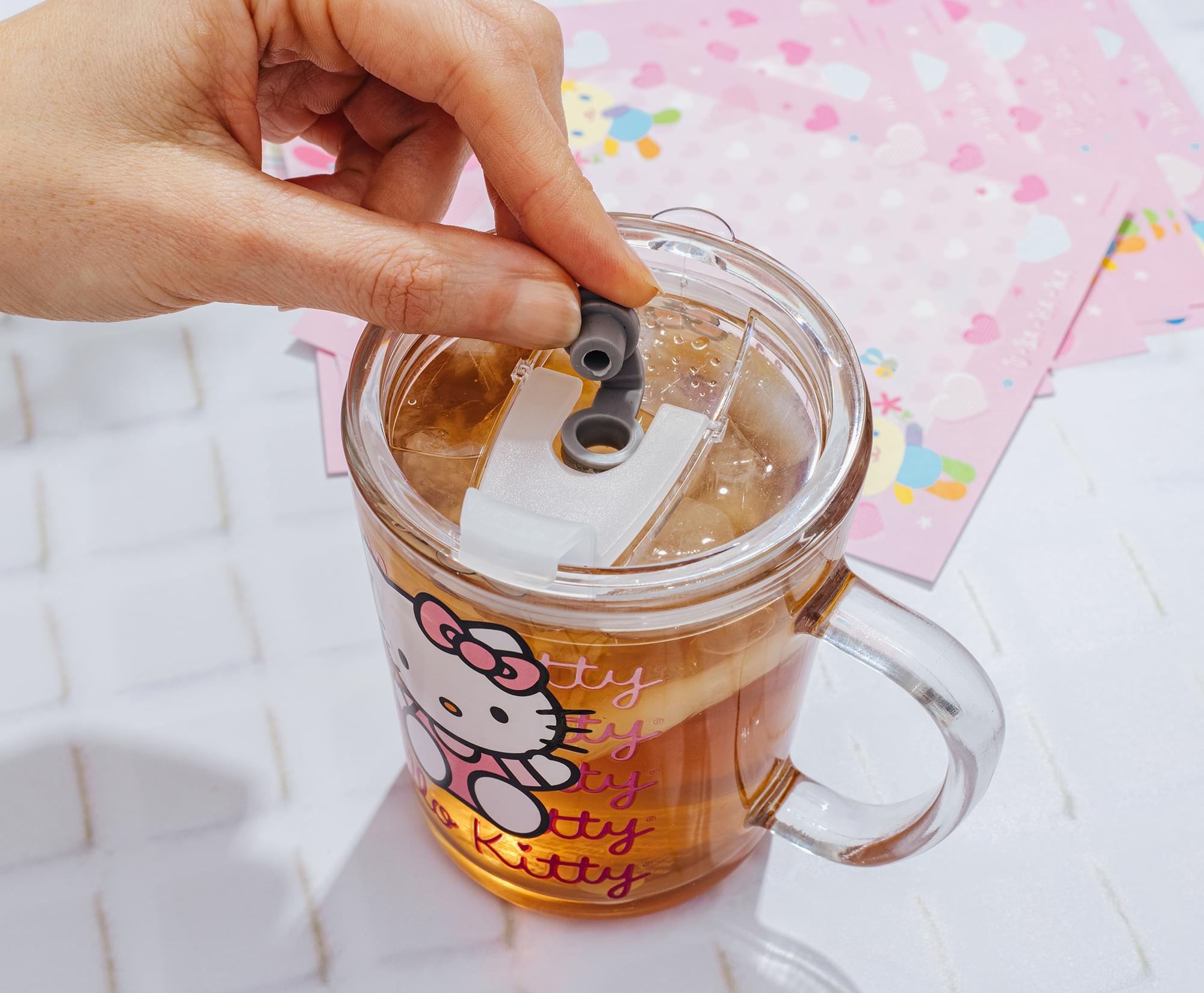 Sanrio Hello Kitty Pink Outfit Glass Mug With Lid | Holds 14 Ounces