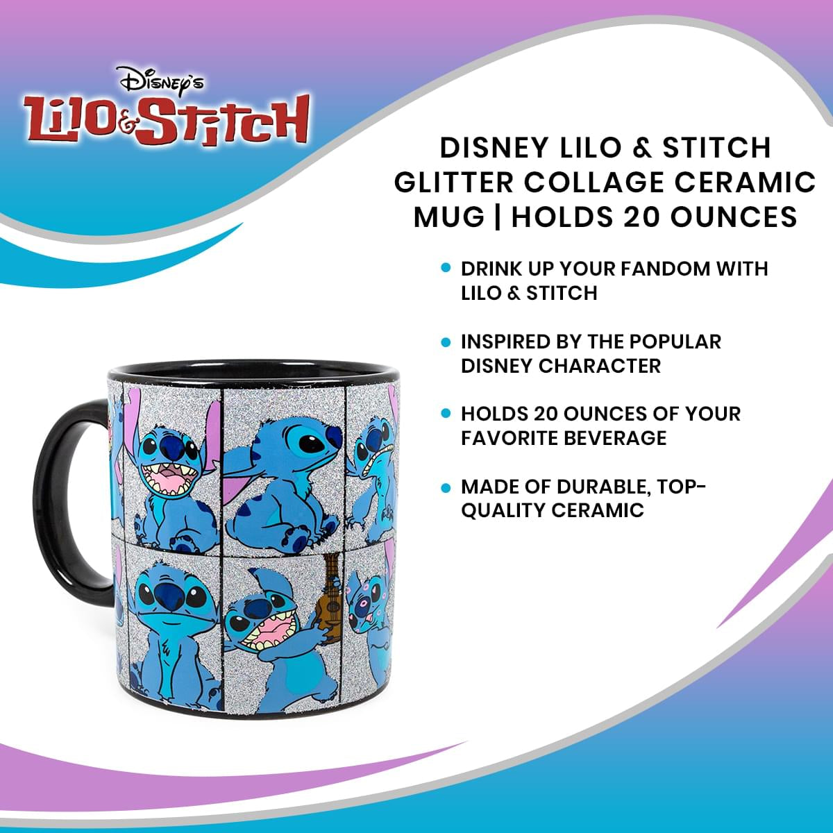 Disney Lilo & Stitch Glitter Collage Ceramic Mug | Holds 20 Ounces