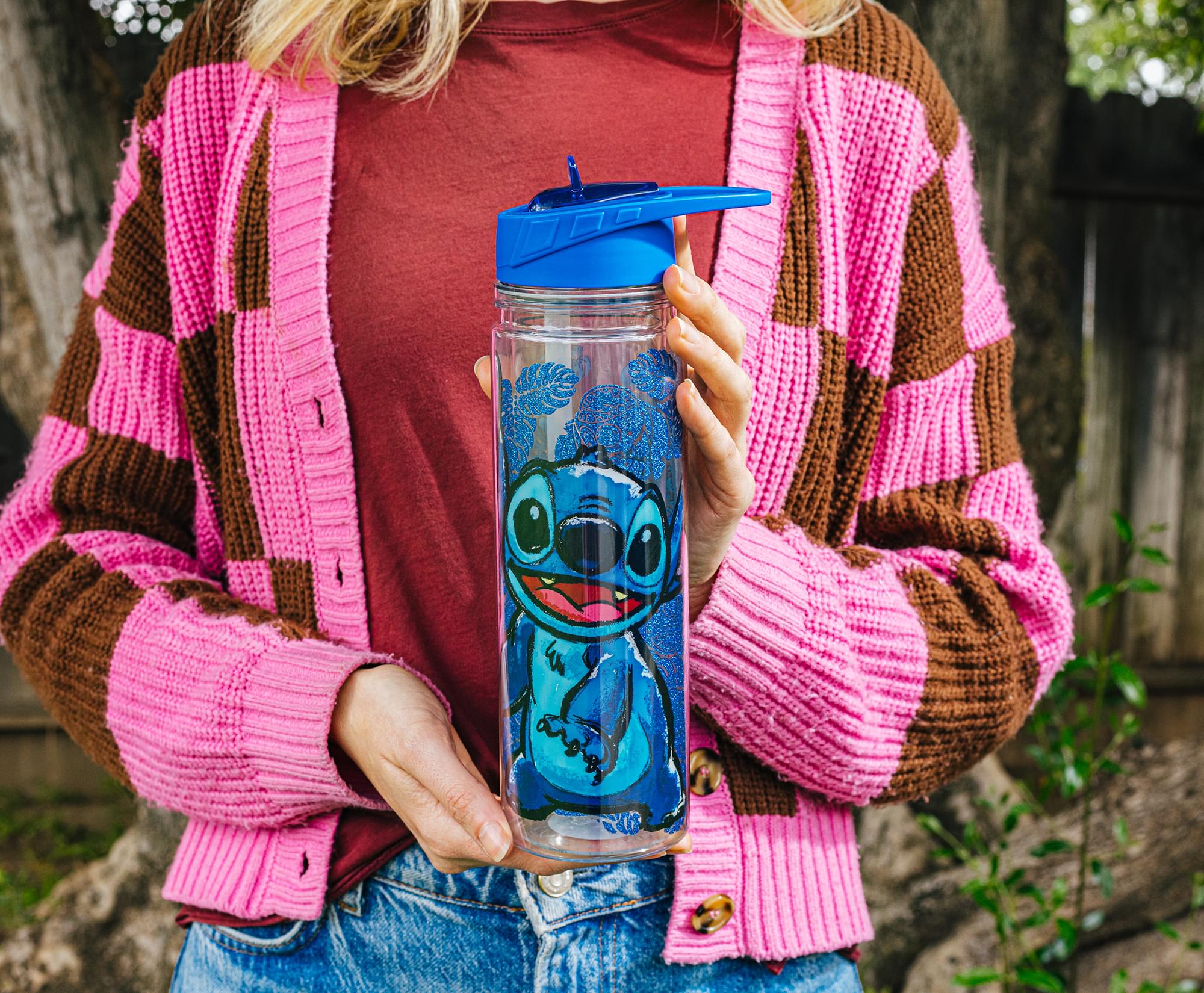 Disney Lilo & Stitch Floral Glitter Plastic Water Bottle | Holds 18 Ounces