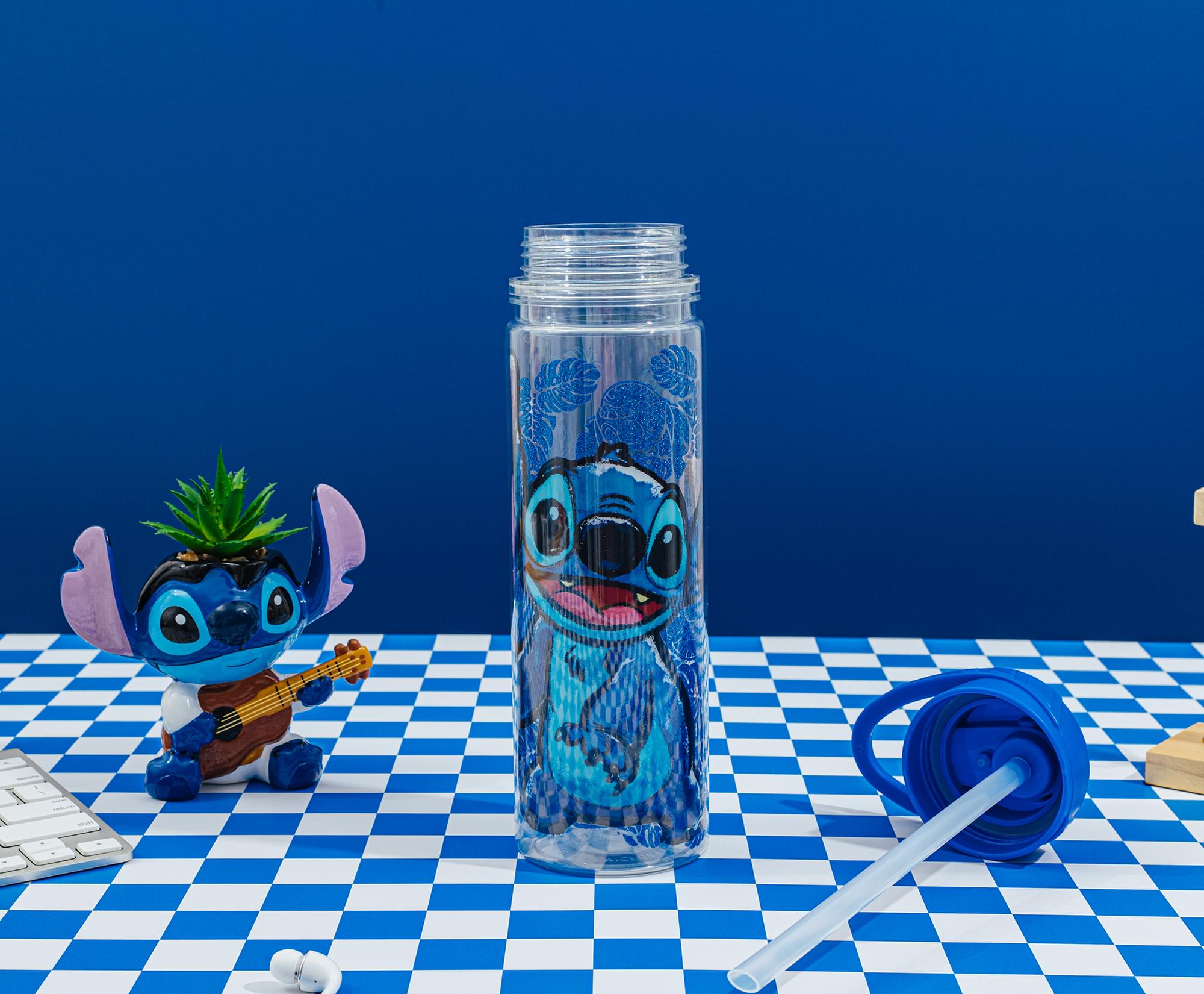 Disney Lilo & Stitch Floral Glitter Plastic Water Bottle | Holds 18 Ounces