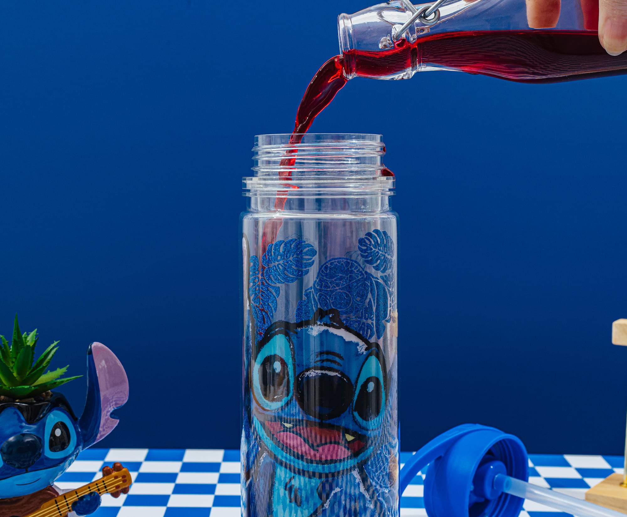 Disney Lilo & Stitch Floral Glitter Plastic Water Bottle | Holds 18 Ounces