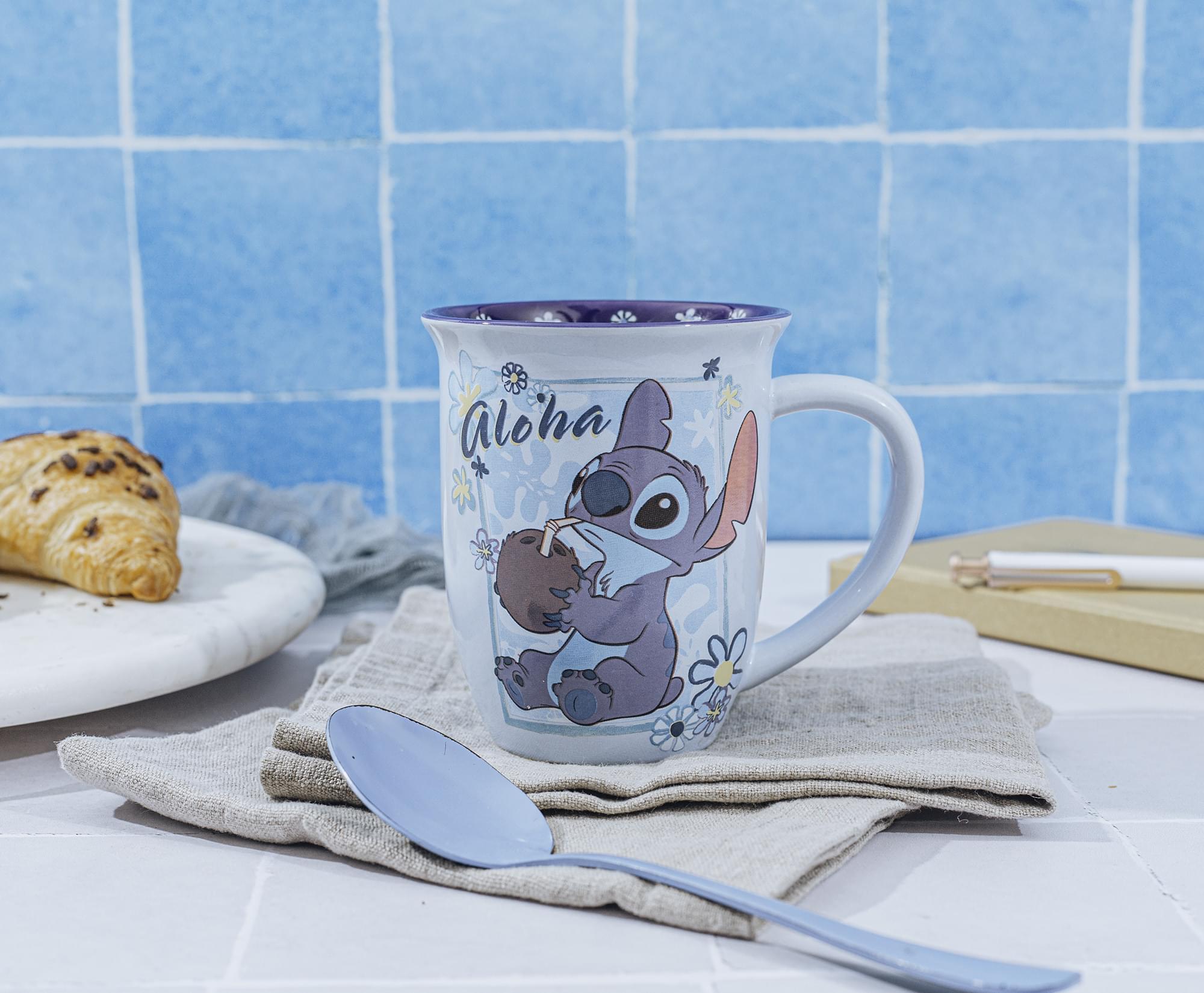 Disney Lilo & Stitch "Aloha" Wide Rim Ceramic Latte Mug | Holds 16 Ounces