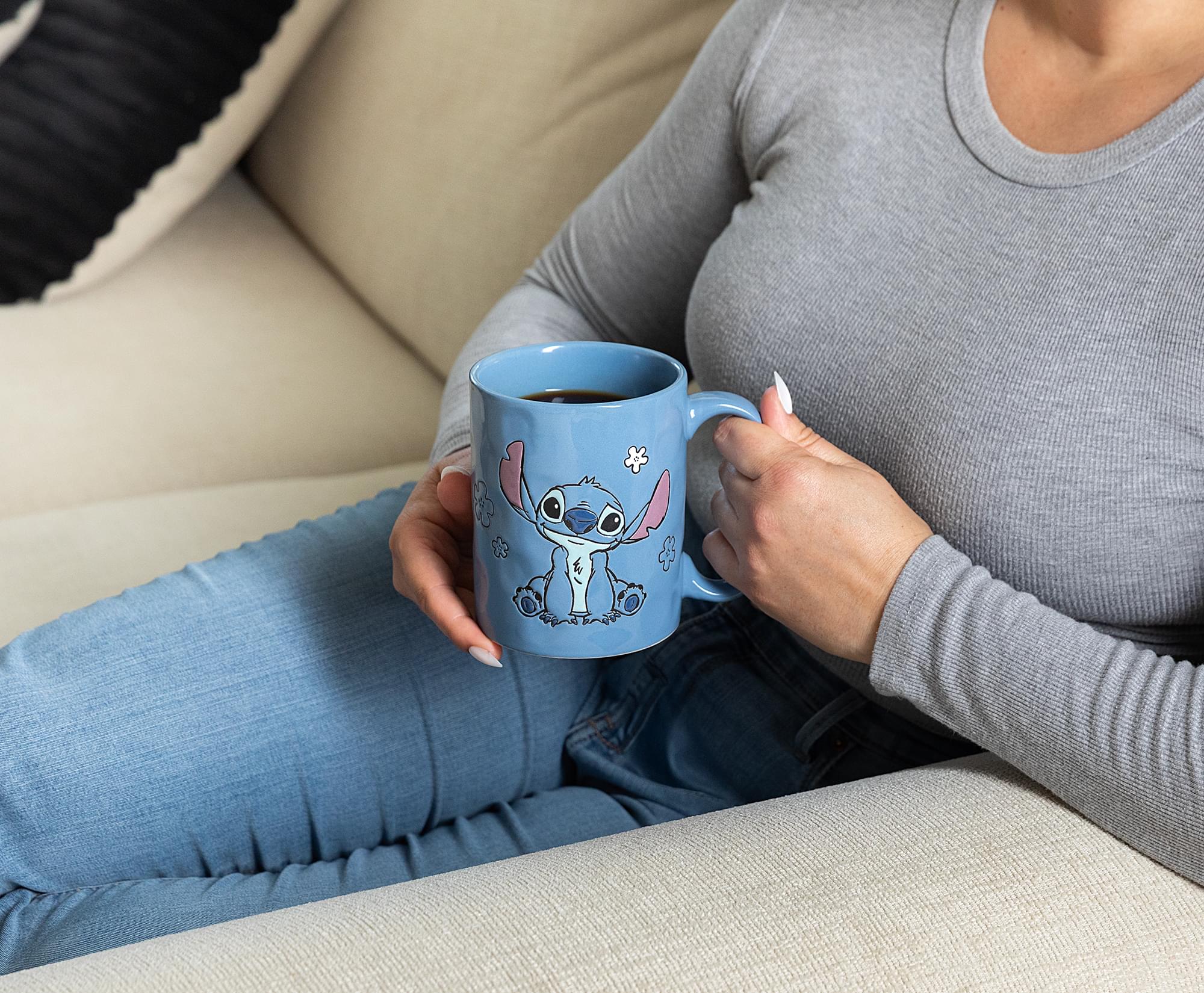 Disney Lilo & Stitch Blue Wax-Resist Ceramic Pottery Mug | Holds 17 Ounces