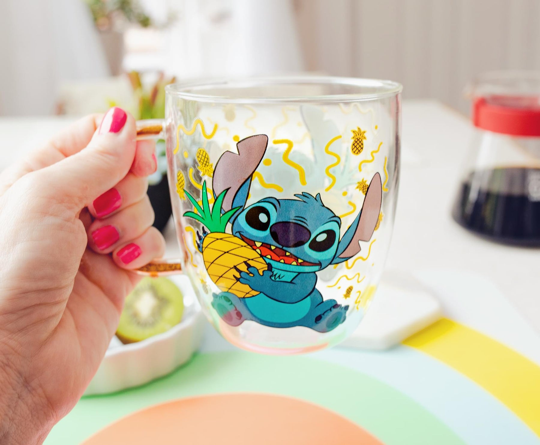 Disney Lilo & Stitch Pineapples Glitter Handle Glass Mug | 14 Ounces