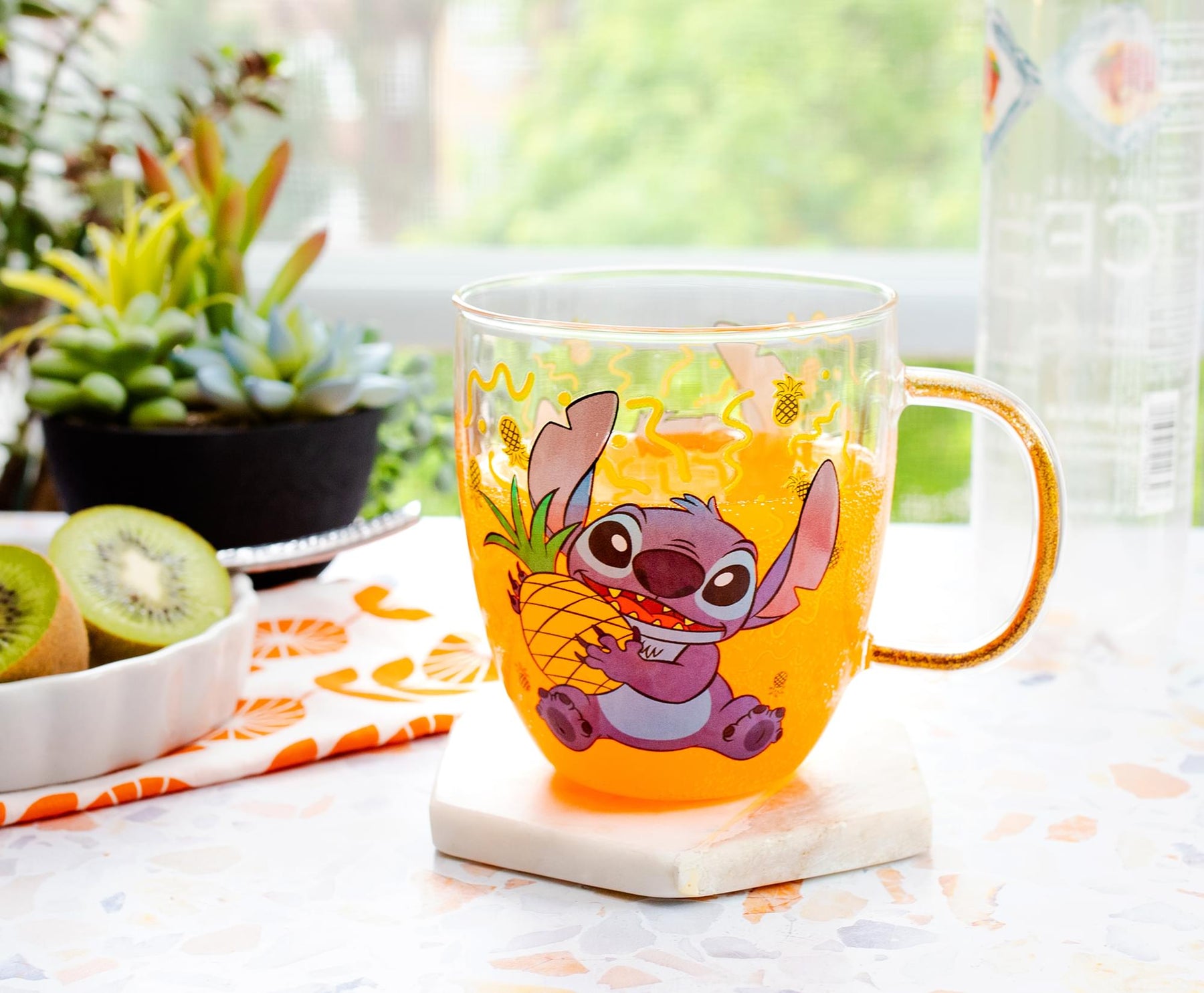 Disney Lilo & Stitch Pineapples Glitter Handle Glass Mug | 14 Ounces