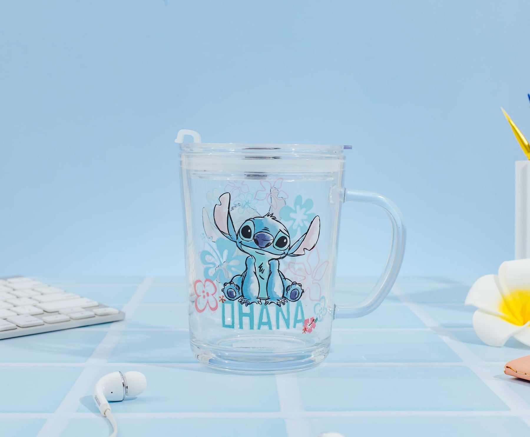Disney Lilo & Stitch "Ohana" Glass Mug With Lid | Holds 14 Ounces
