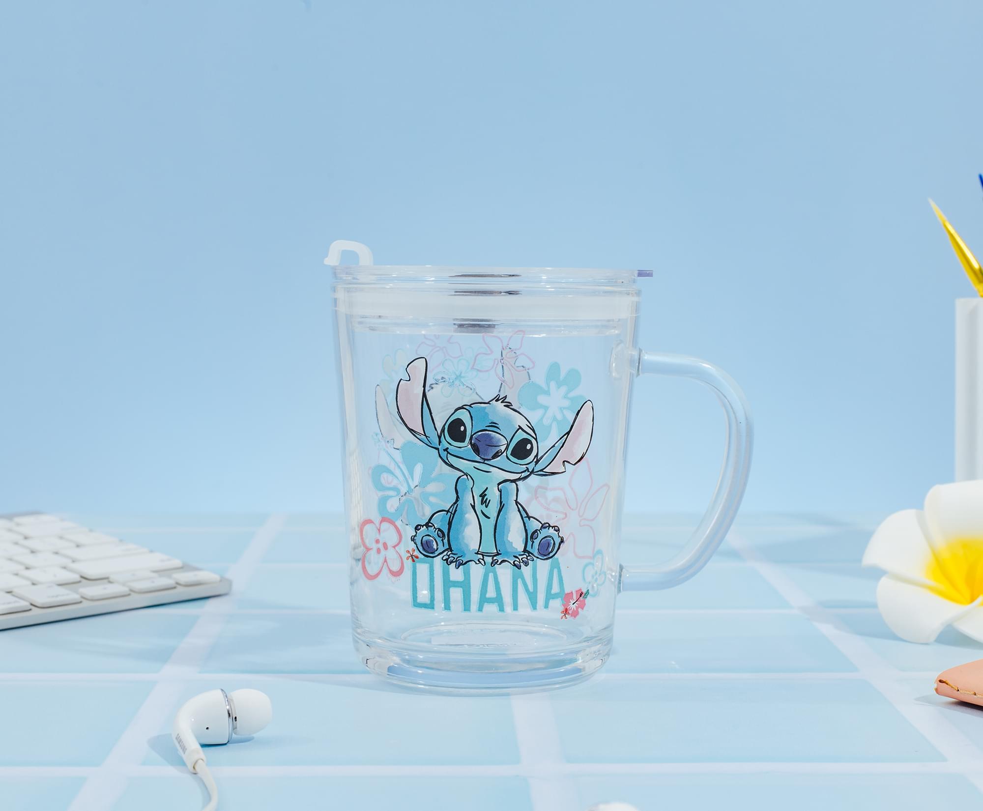 Disney Lilo & Stitch "Ohana" Glass Mug With Lid | Holds 14 Ounces