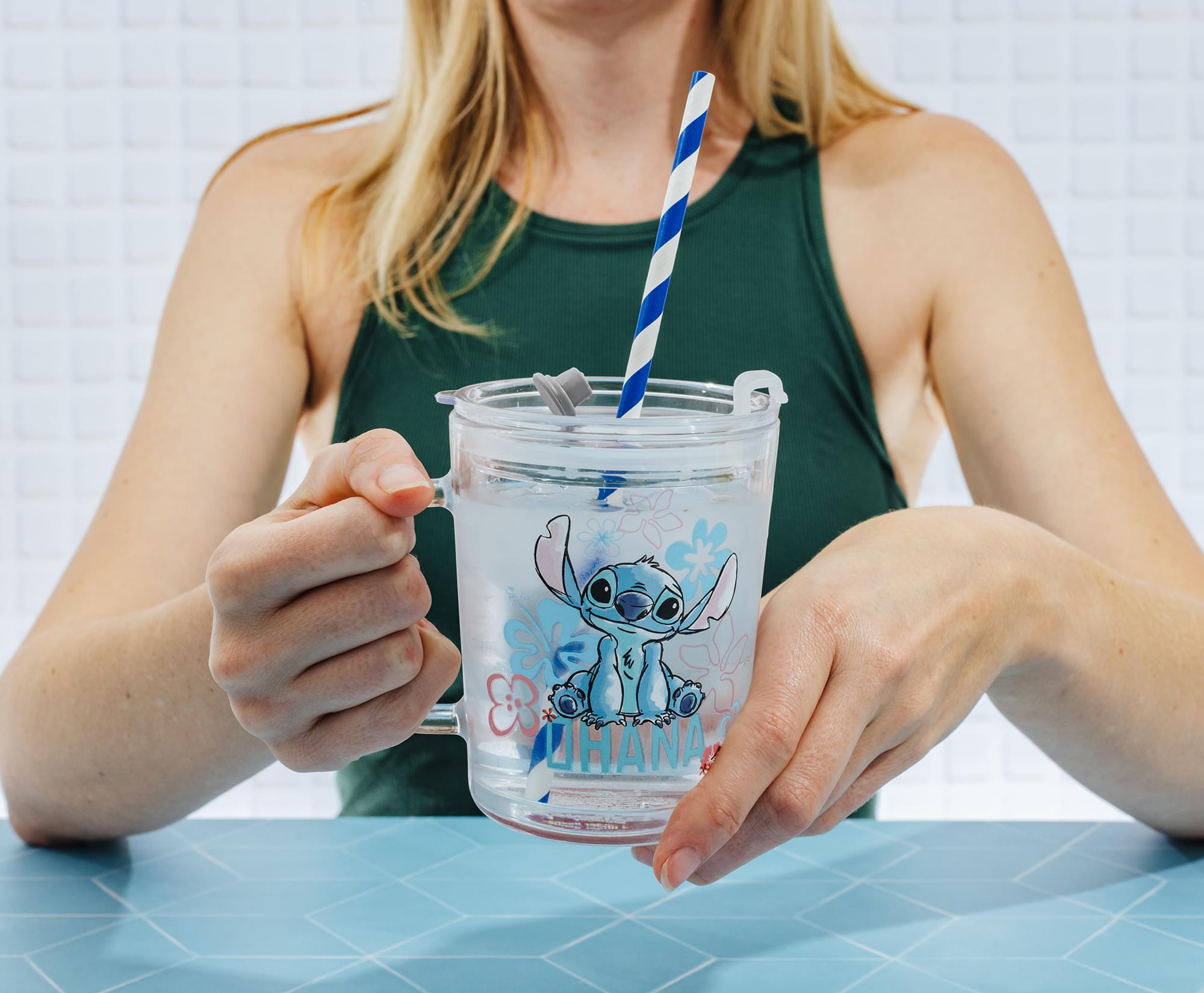 Disney Lilo & Stitch "Ohana" Glass Mug With Lid | Holds 14 Ounces