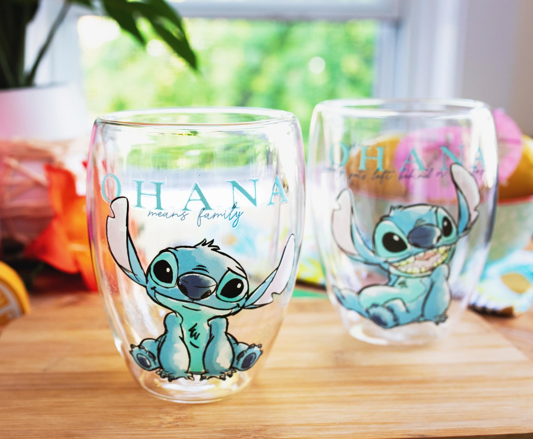 Disney Lilo and Stitch Ohana Means Family Floral Stemless Glasses | Set of 2