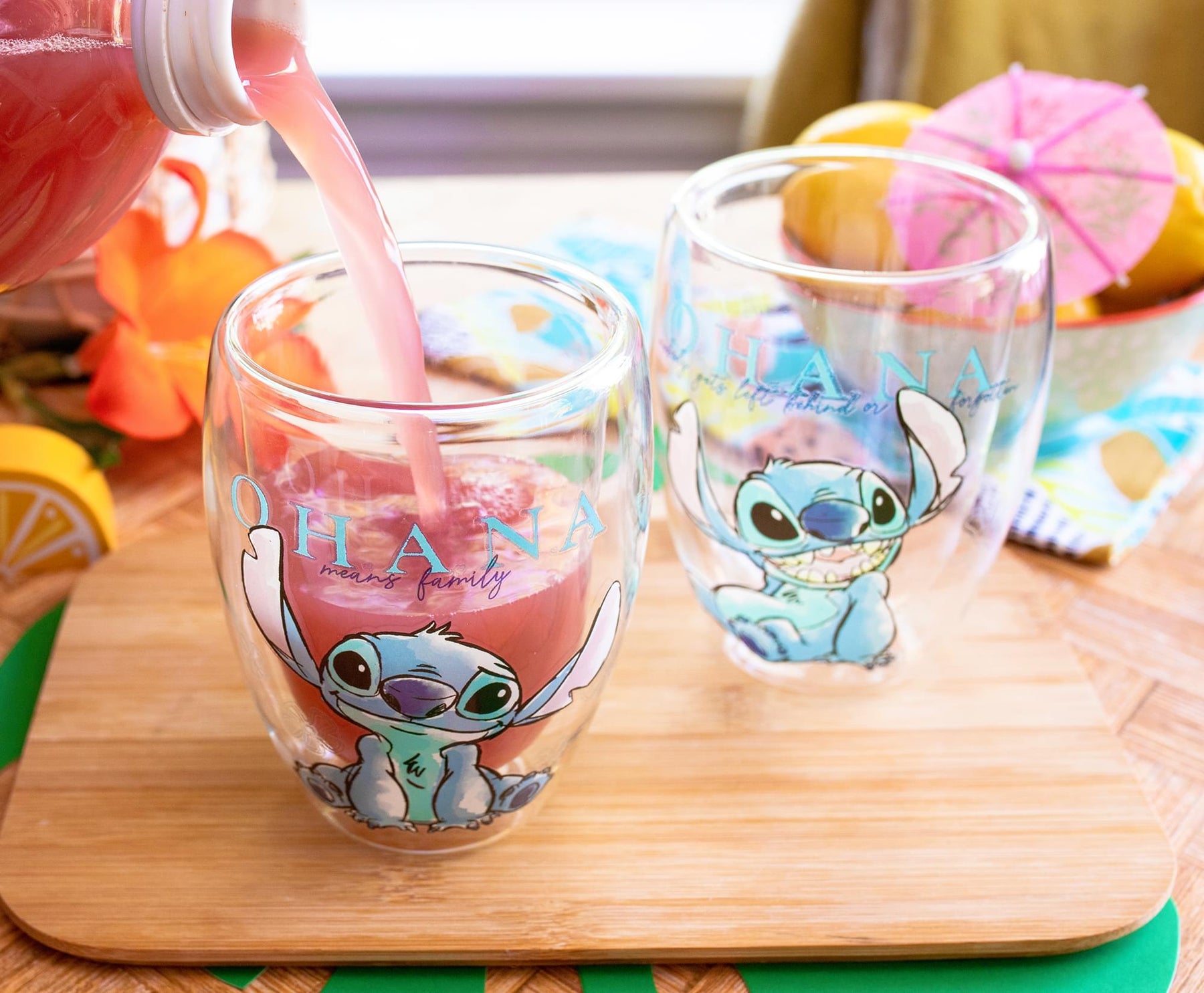 Disney Lilo and Stitch Ohana Means Family Floral Stemless Glasses | Set of 2