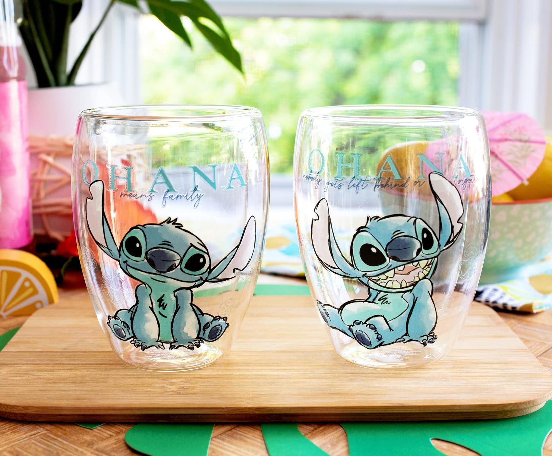 Disney Lilo and Stitch Ohana Means Family Floral Stemless Glasses | Set of 2
