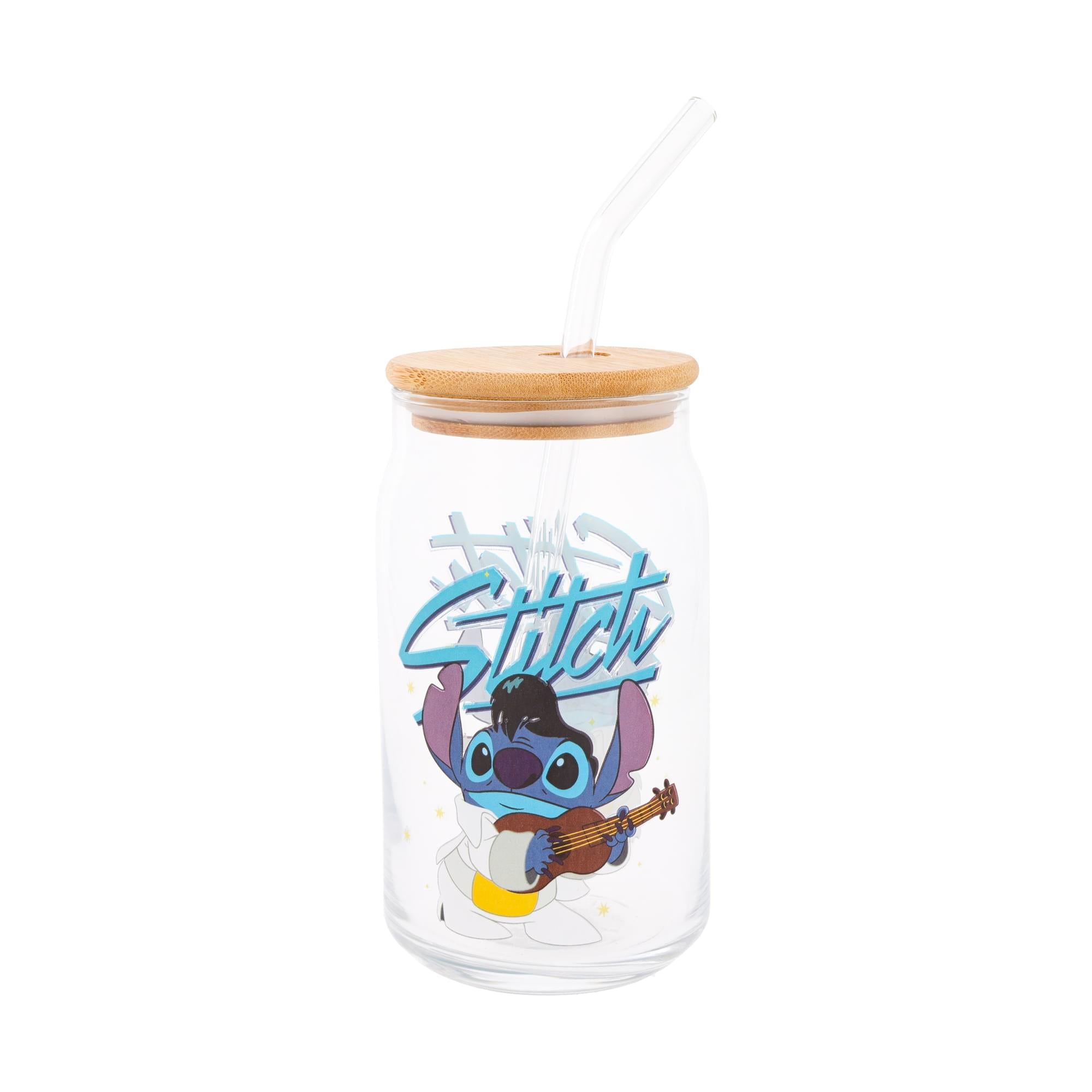 Disney Lilo & Stitch Elvis Stitch 16-Ounce Glass Tumbler With Lid and Straw