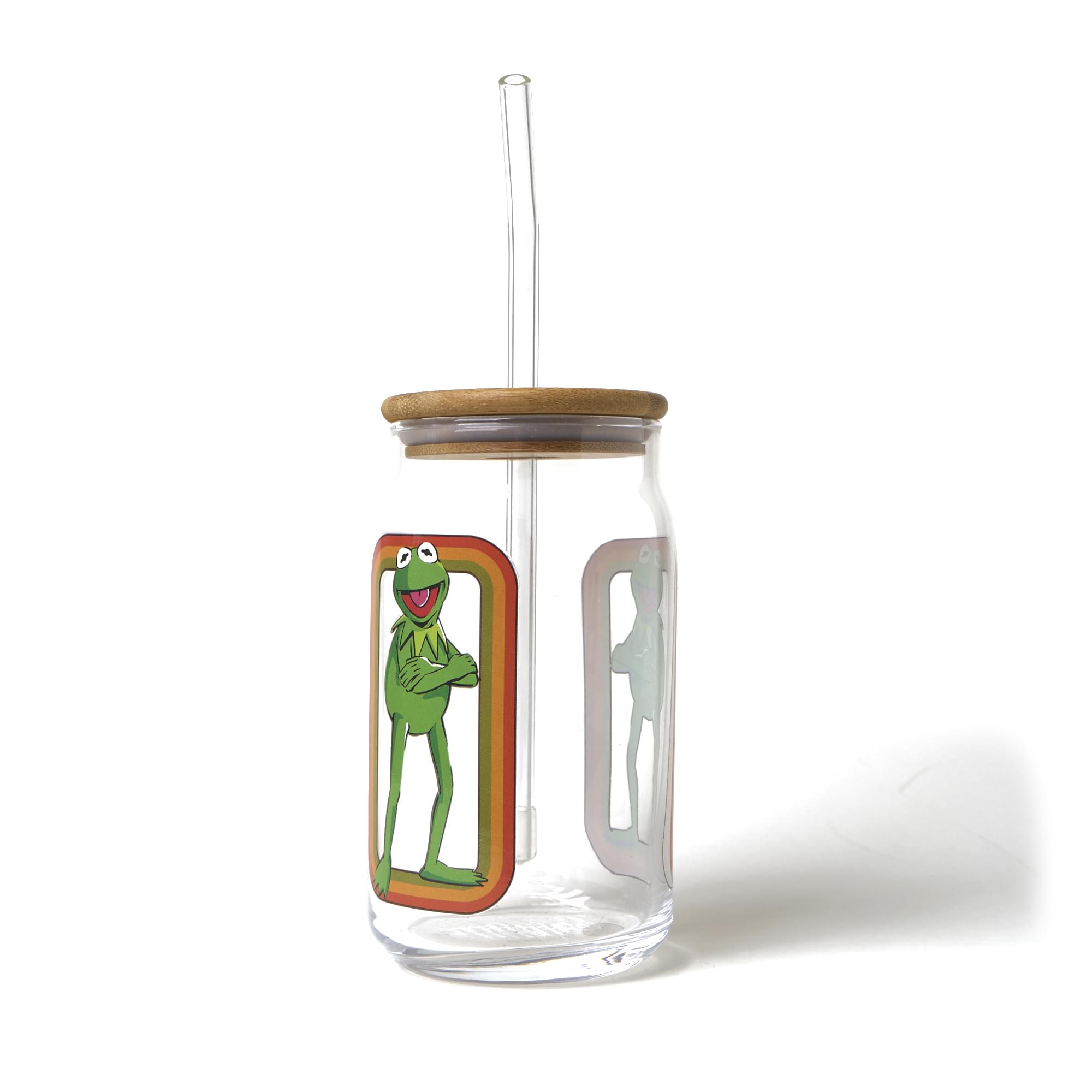 The Muppets Kermit the Frog 16-Ounce Glass Tumbler With Bamboo Lid and Straw