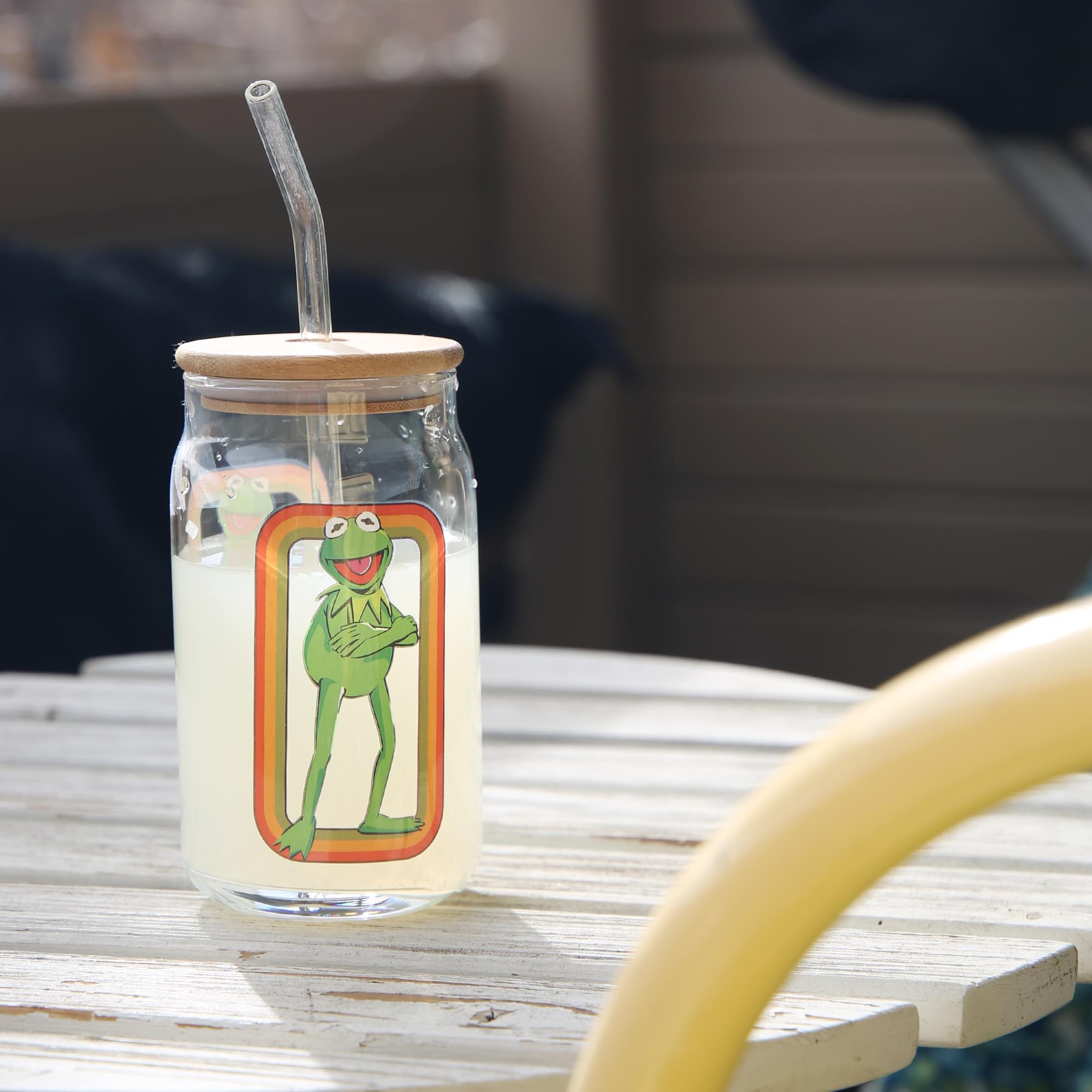 The Muppets Kermit the Frog 16-Ounce Glass Tumbler With Bamboo Lid and Straw