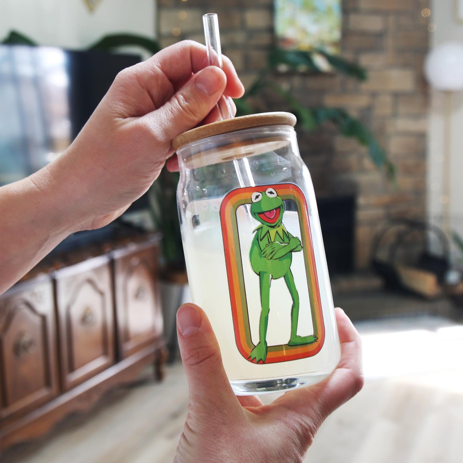 The Muppets Kermit the Frog 16-Ounce Glass Tumbler With Bamboo Lid and Straw