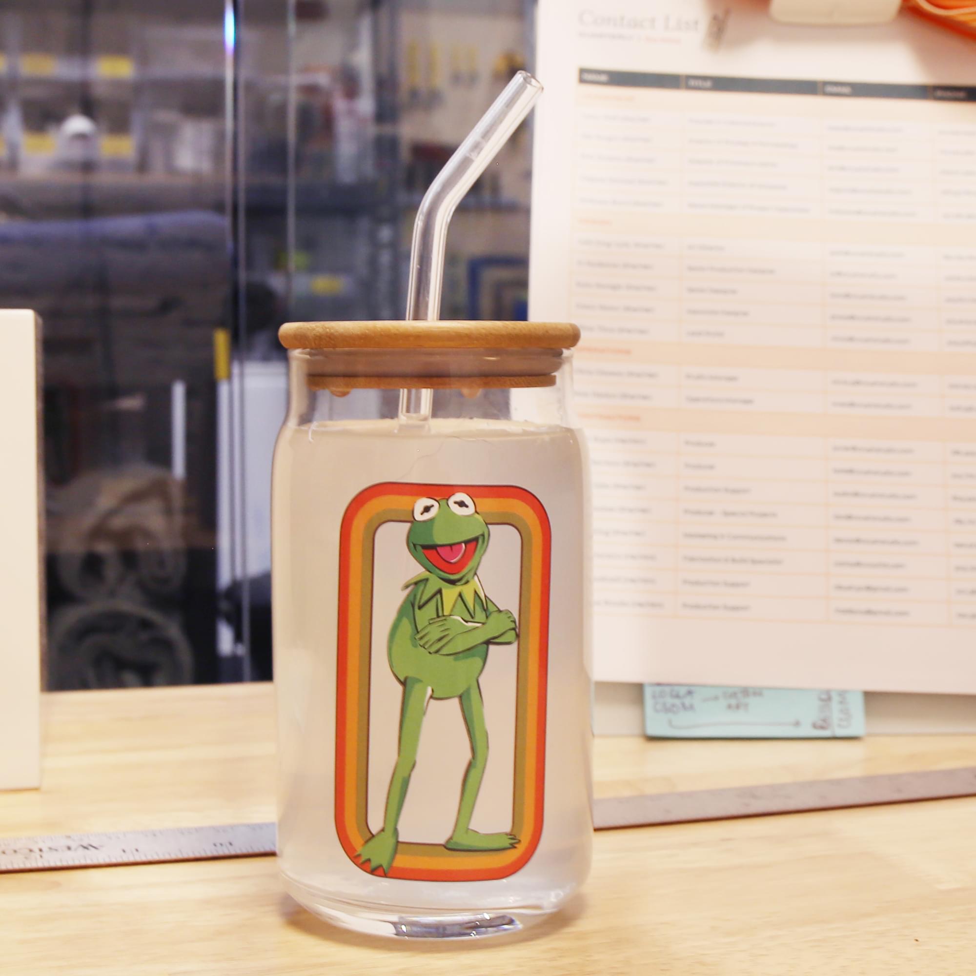The Muppets Kermit the Frog 16-Ounce Glass Tumbler With Bamboo Lid and Straw