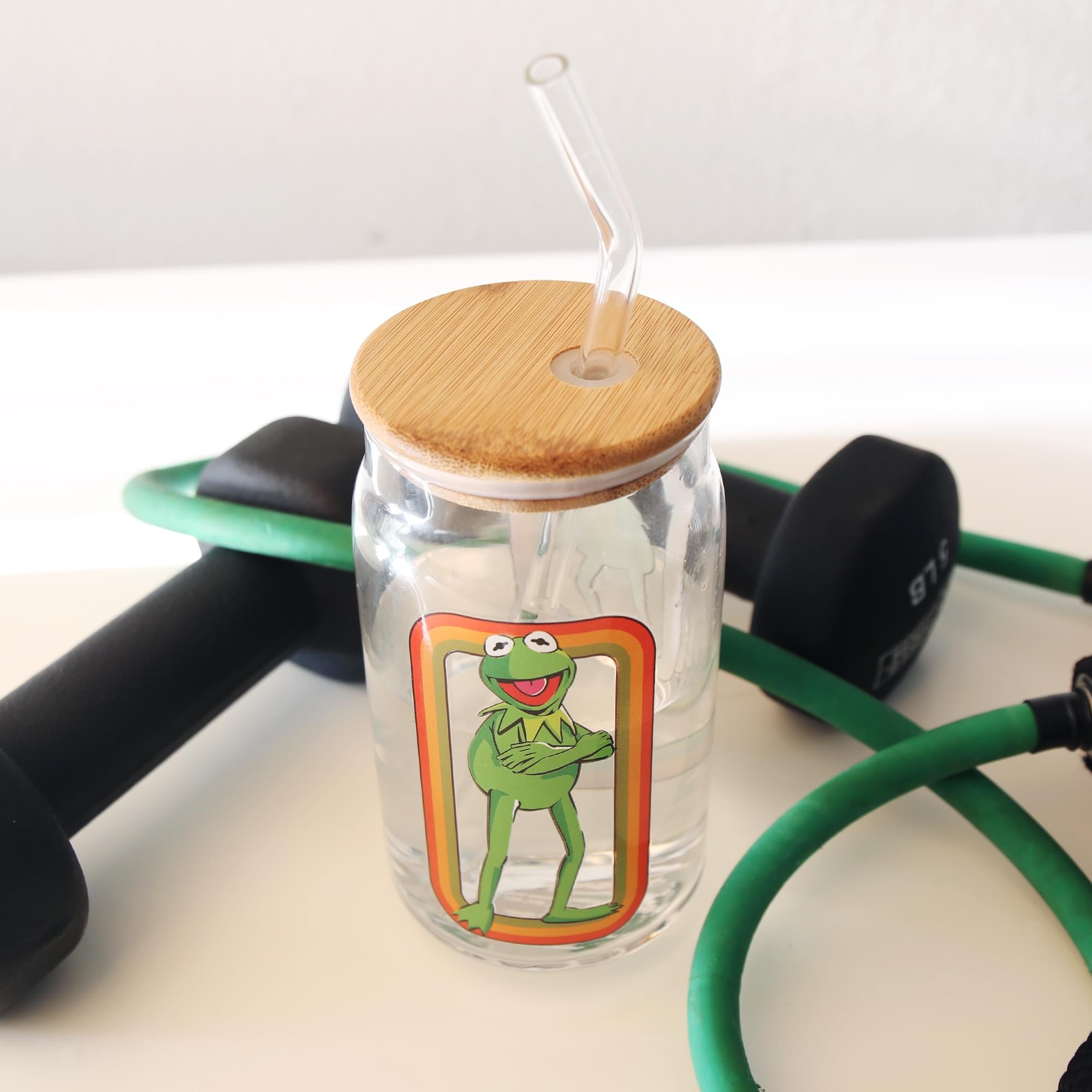 The Muppets Kermit the Frog 16-Ounce Glass Tumbler With Bamboo Lid and Straw