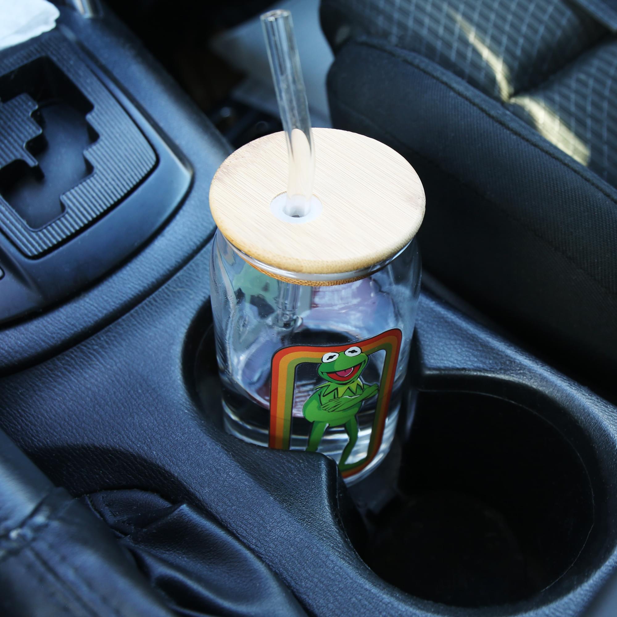 The Muppets Kermit the Frog 16-Ounce Glass Tumbler With Bamboo Lid and Straw
