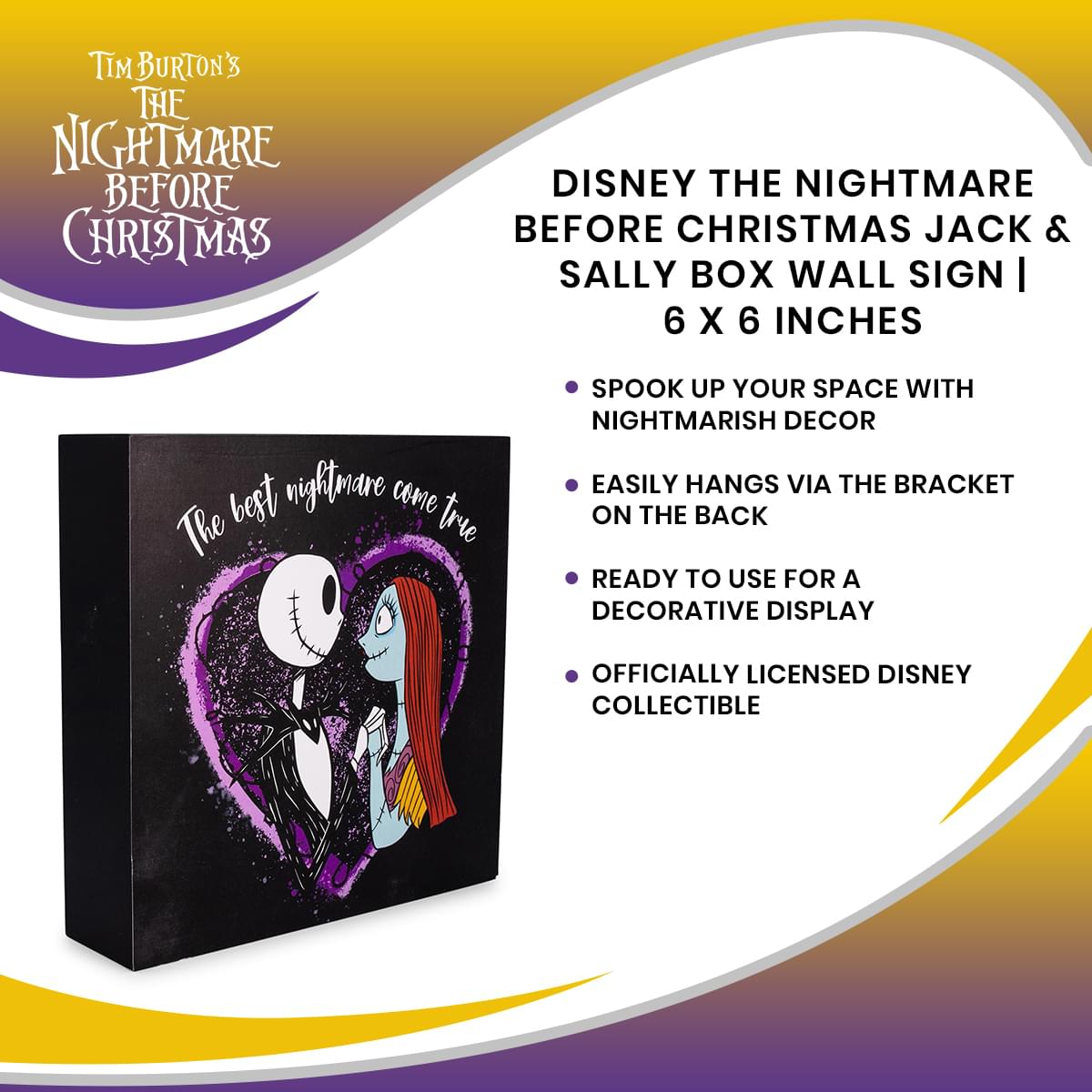 Disney The Nightmare Before Christmas Jack & Sally Box Wall Sign | 6 x 6 Inches