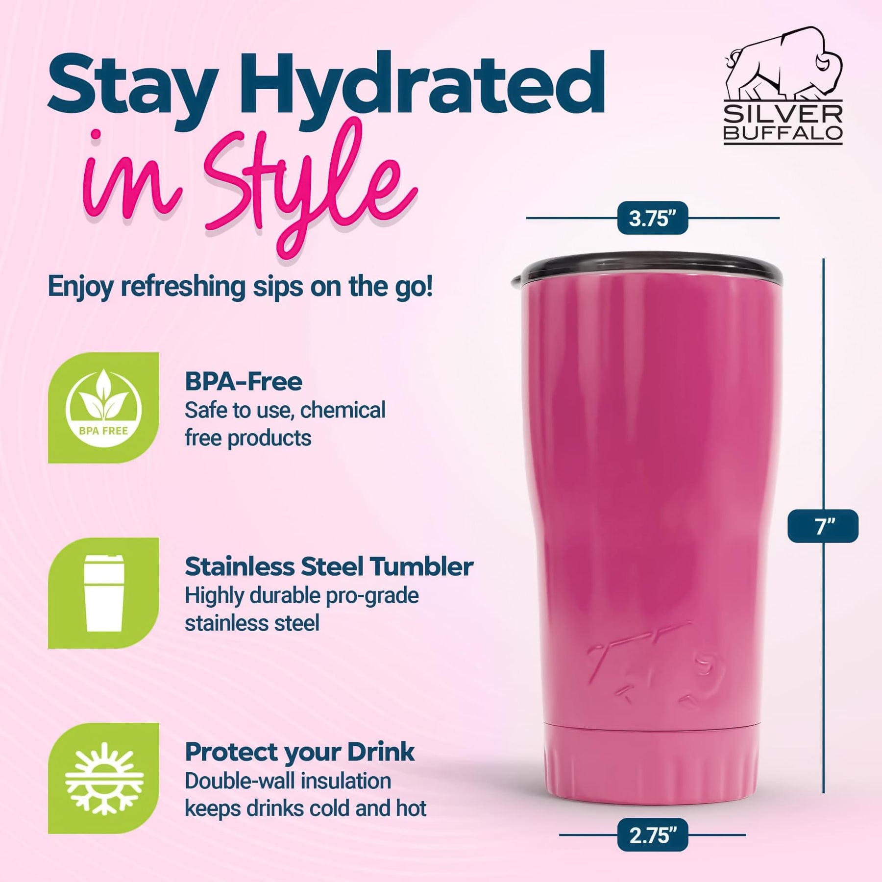 Metallic Hot Pink Stainless Steel Tumbler With Open-Sip Lid | Holds 20 Ounces