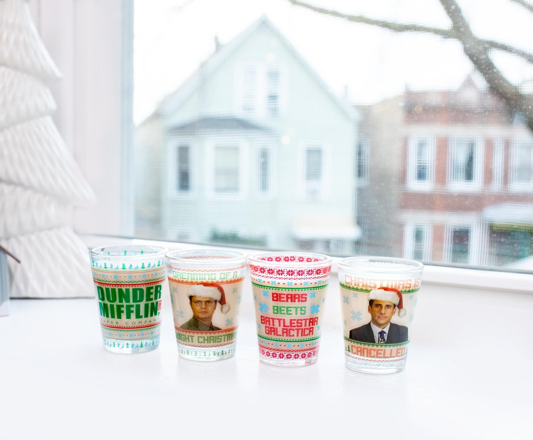 The Office Dunder Mifflin Holiday 2-Ounce Mini Shot Glasses | Set of 4