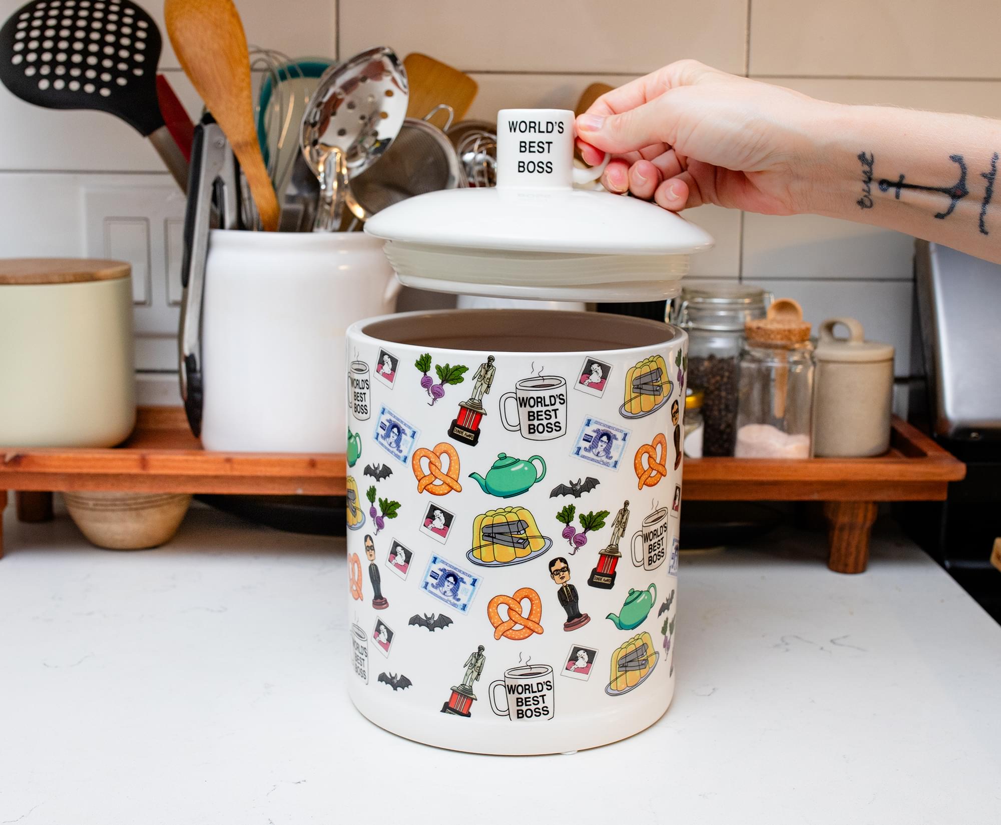 The Office Icons Ceramic Snack Jar With Molded Knob Lid | 10 Inches Tall