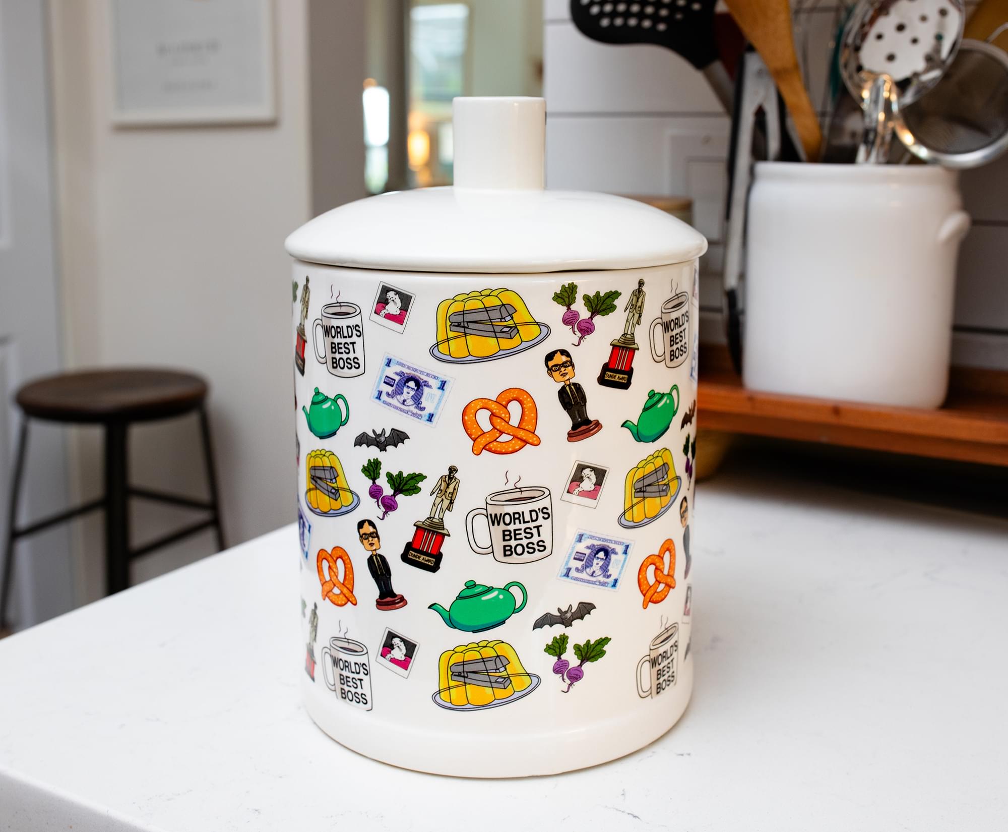 The Office Icons Ceramic Snack Jar With Molded Knob Lid | 10 Inches Tall