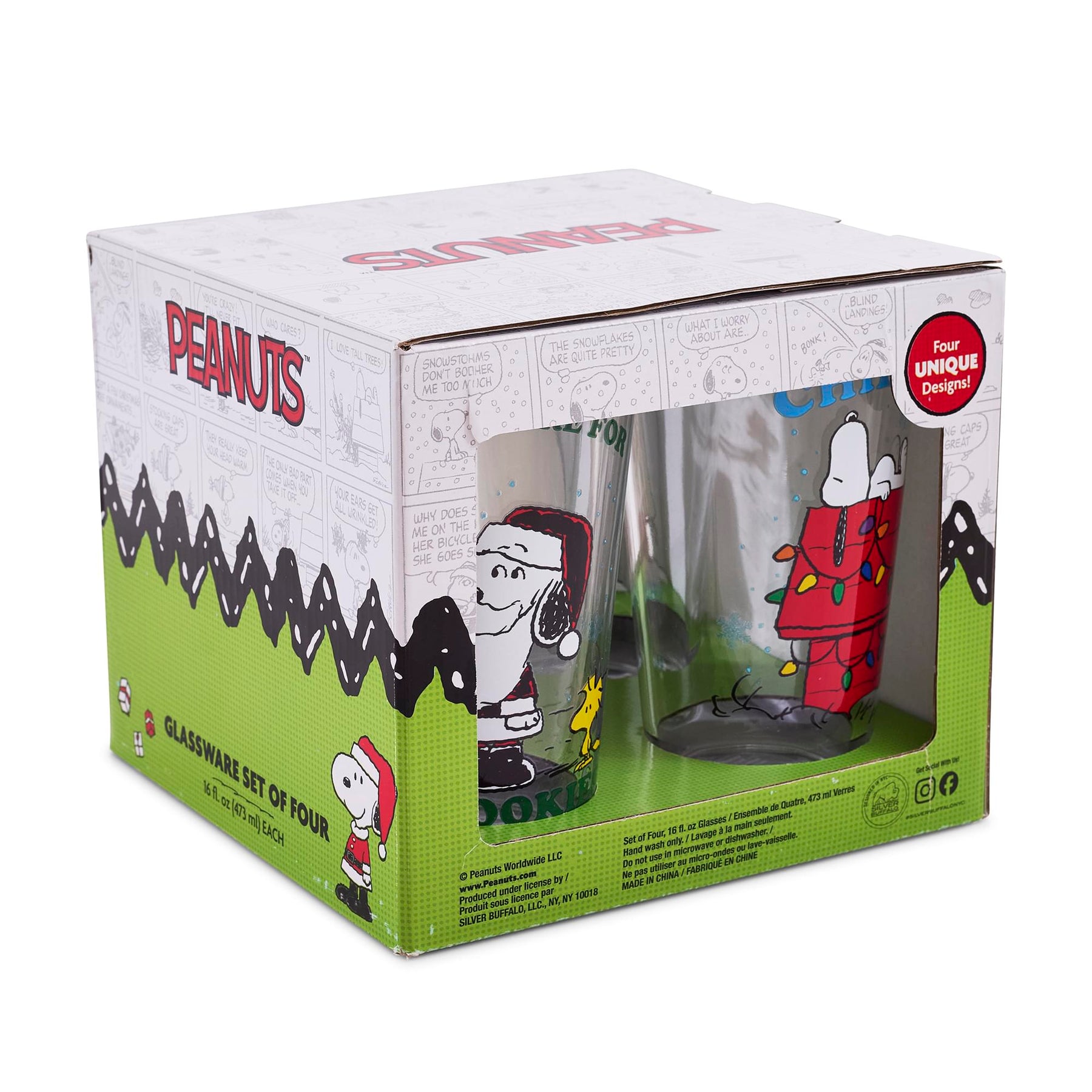 Peanuts Snoopy Holiday 16-Ounce Pint Glasses | Set Of 4