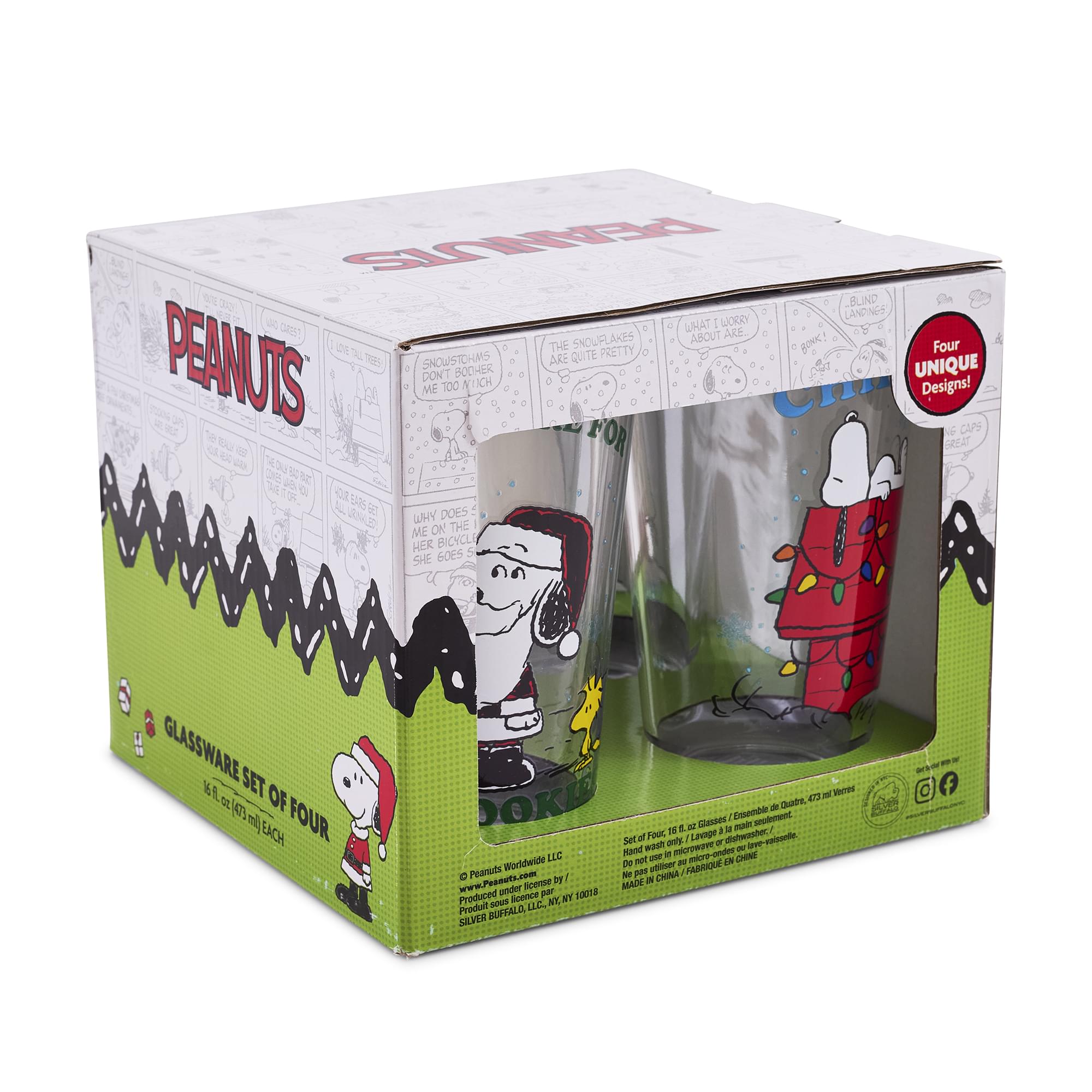 Peanuts Snoopy Holiday 16-Ounce Pint Glasses | Set Of 4