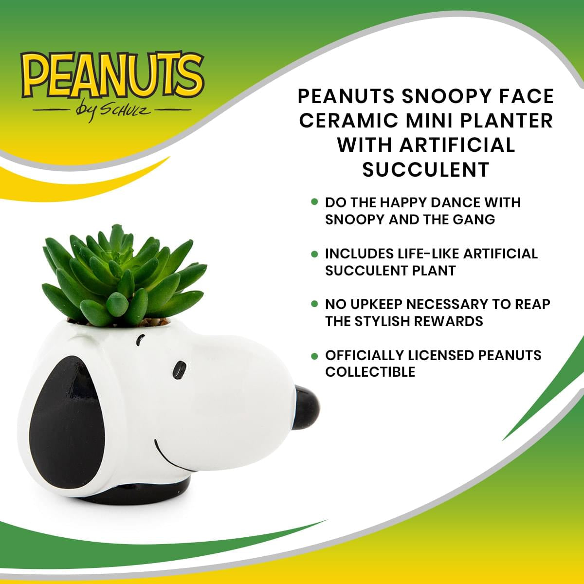 Peanuts Snoopy Face Ceramic Mini Planter with Artificial Succulent | 3.5"L x 5" H x 5" W