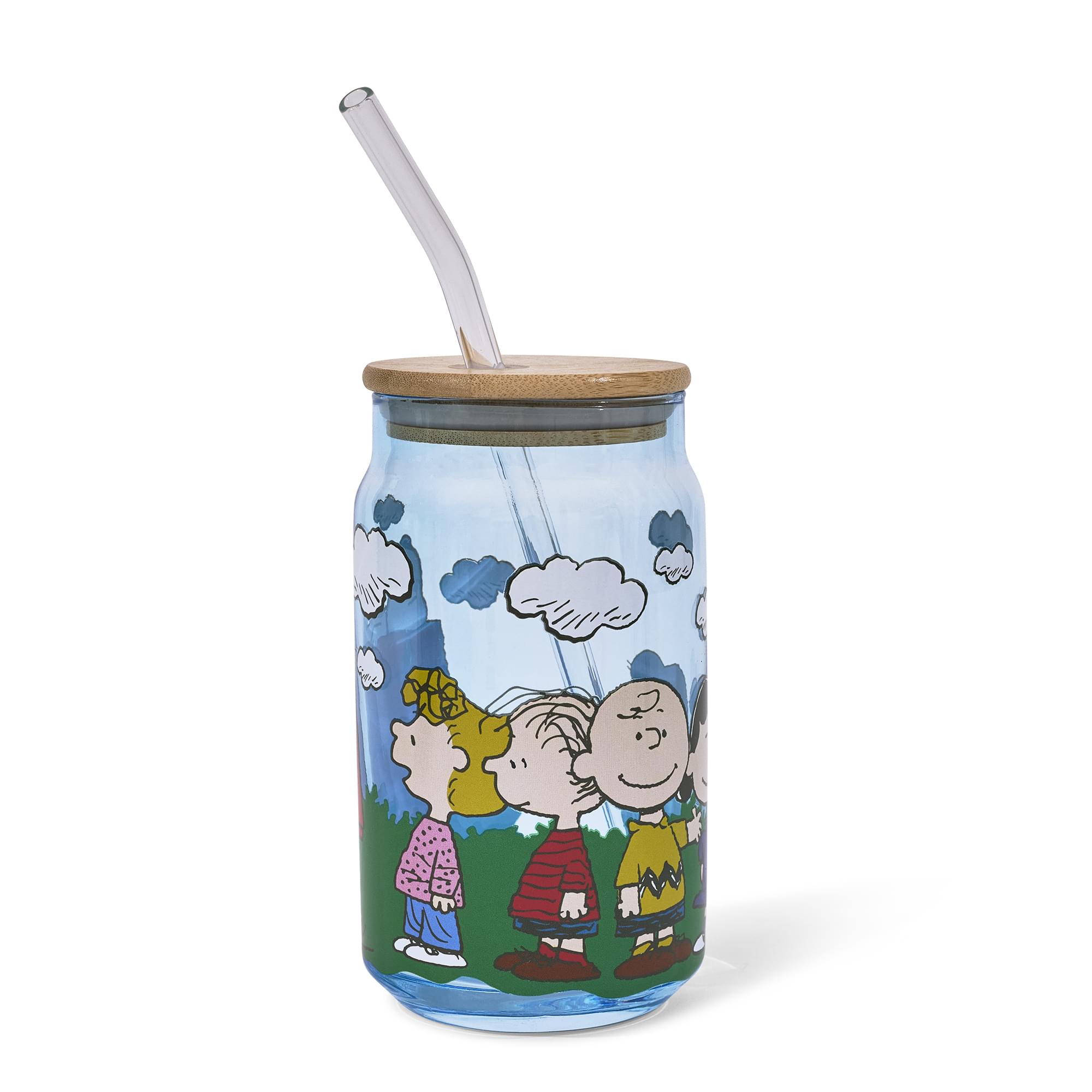 Peanuts Gang Snoopy and Friends 16-Ounce Glass Tumbler With Bamboo Lid and Glass Straw