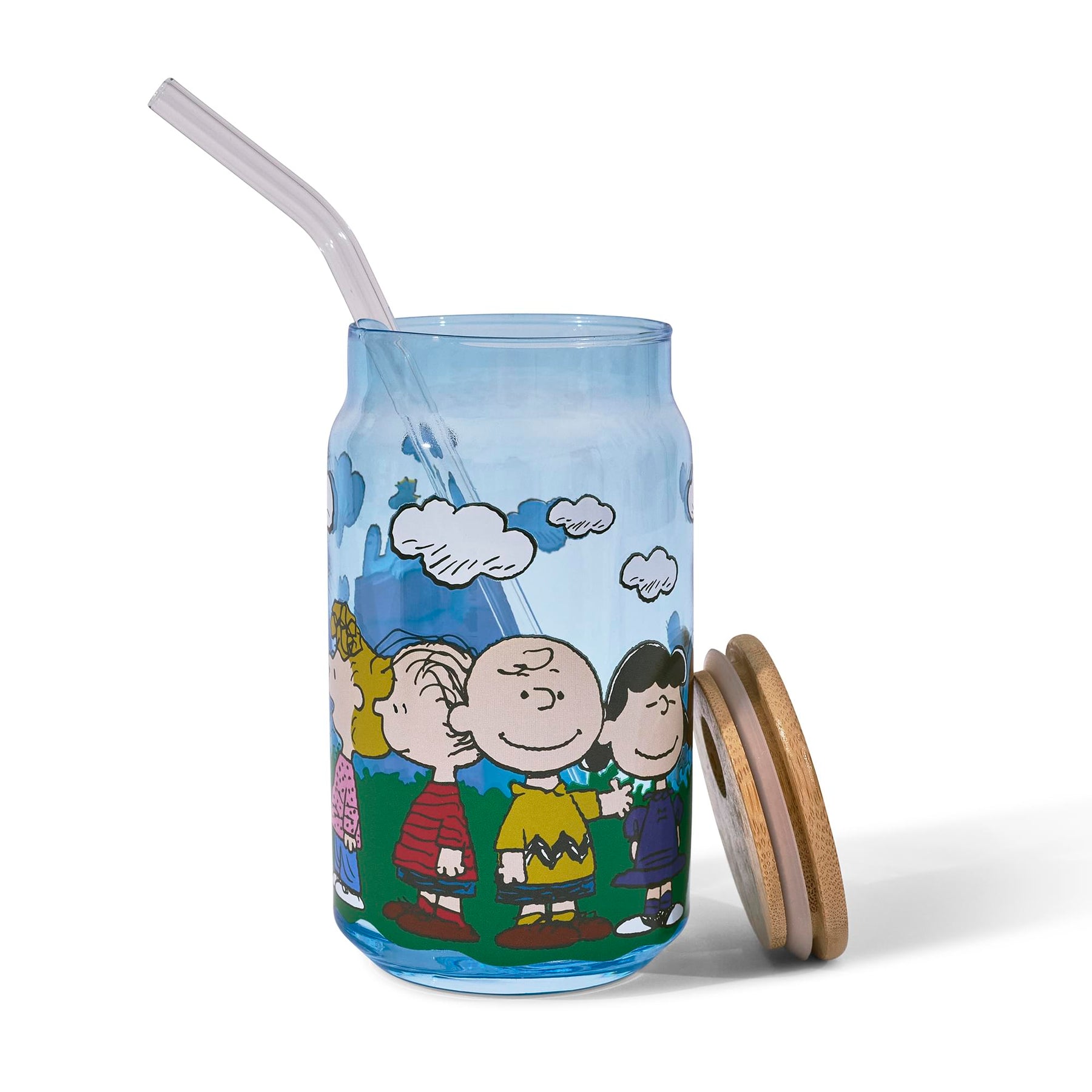 Peanuts Gang Snoopy and Friends 16-Ounce Glass Tumbler With Bamboo Lid and Glass Straw