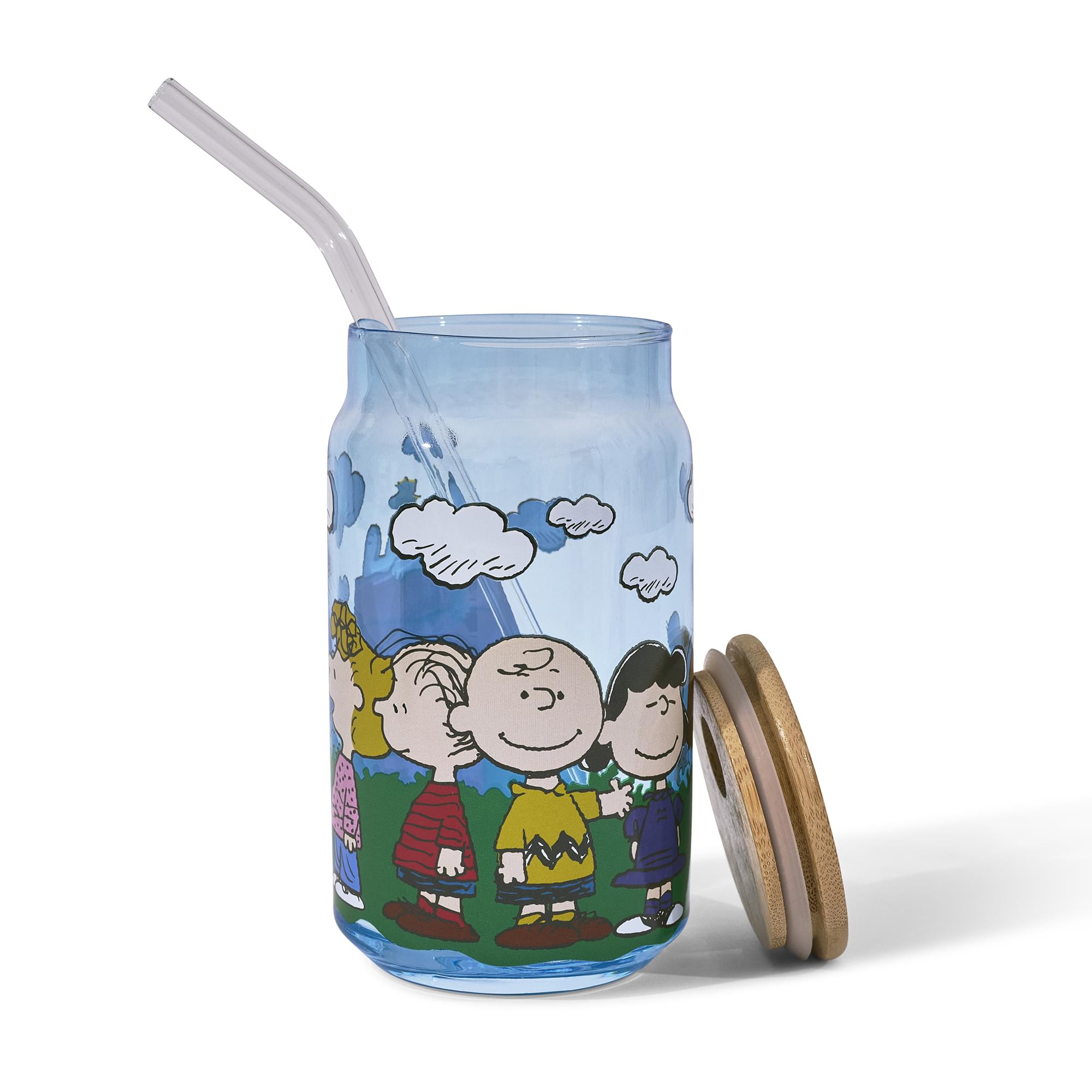 Peanuts Gang Snoopy and Friends 16-Ounce Glass Tumbler With Bamboo Lid and Glass Straw